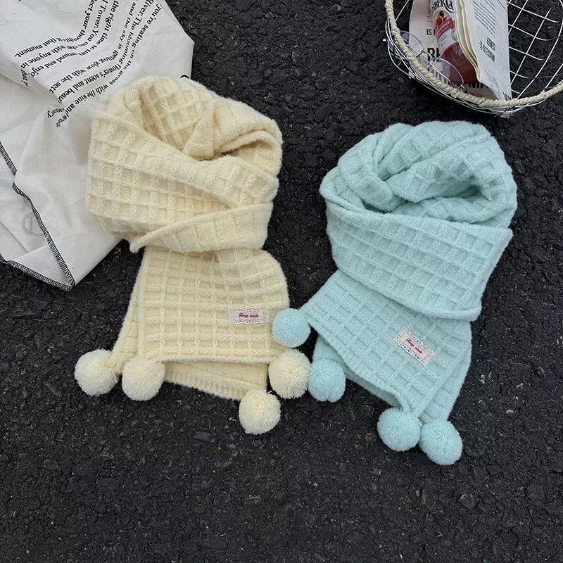 Waffle Knit Pom-Pom Scarf 