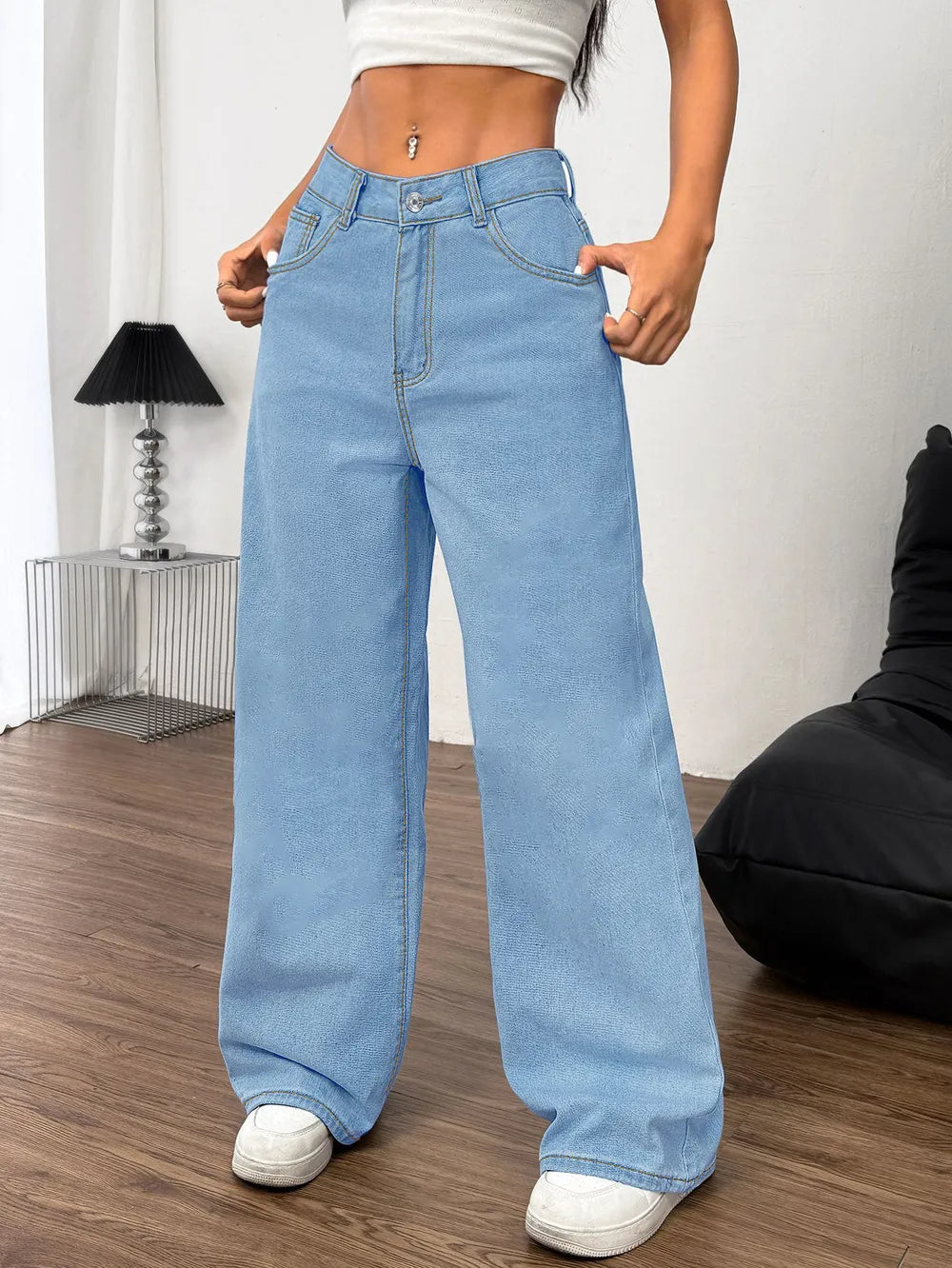 Embroidered Bow Back Wide Leg Jeans 
