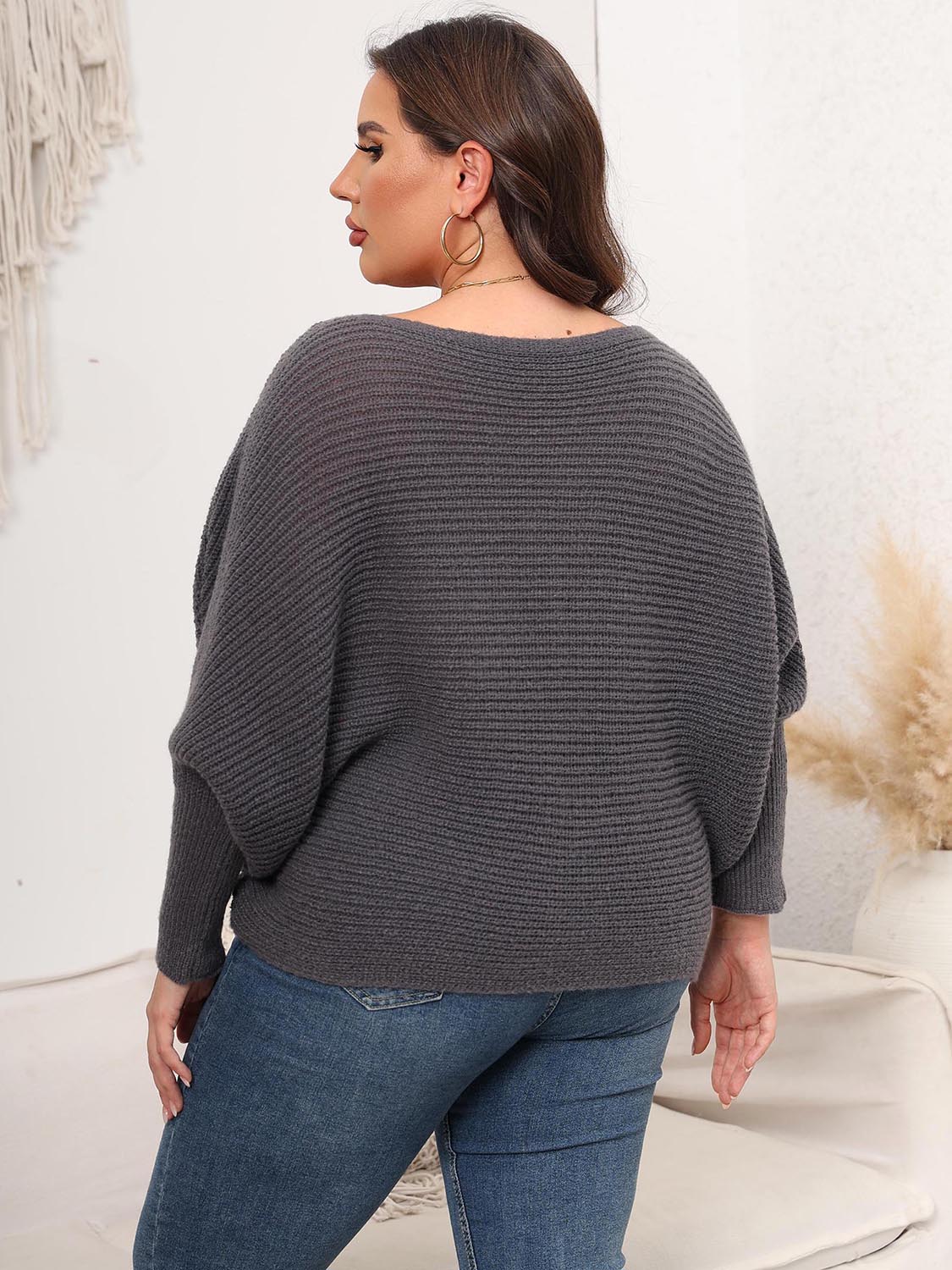 Full Size Boat Neck Batwing Sleeve Sweater 