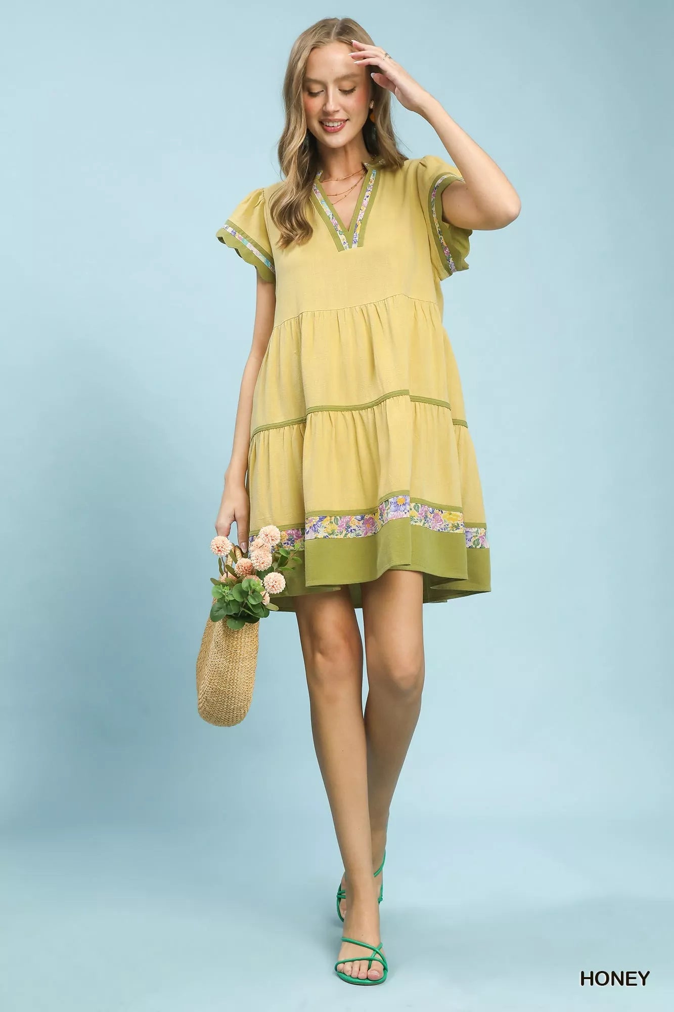 Umgee Linen Tiered Flutter Sleeve Dress with Floral Trim 