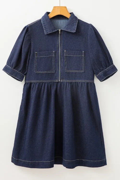 Collared Neck Half Zip Denim Dress 