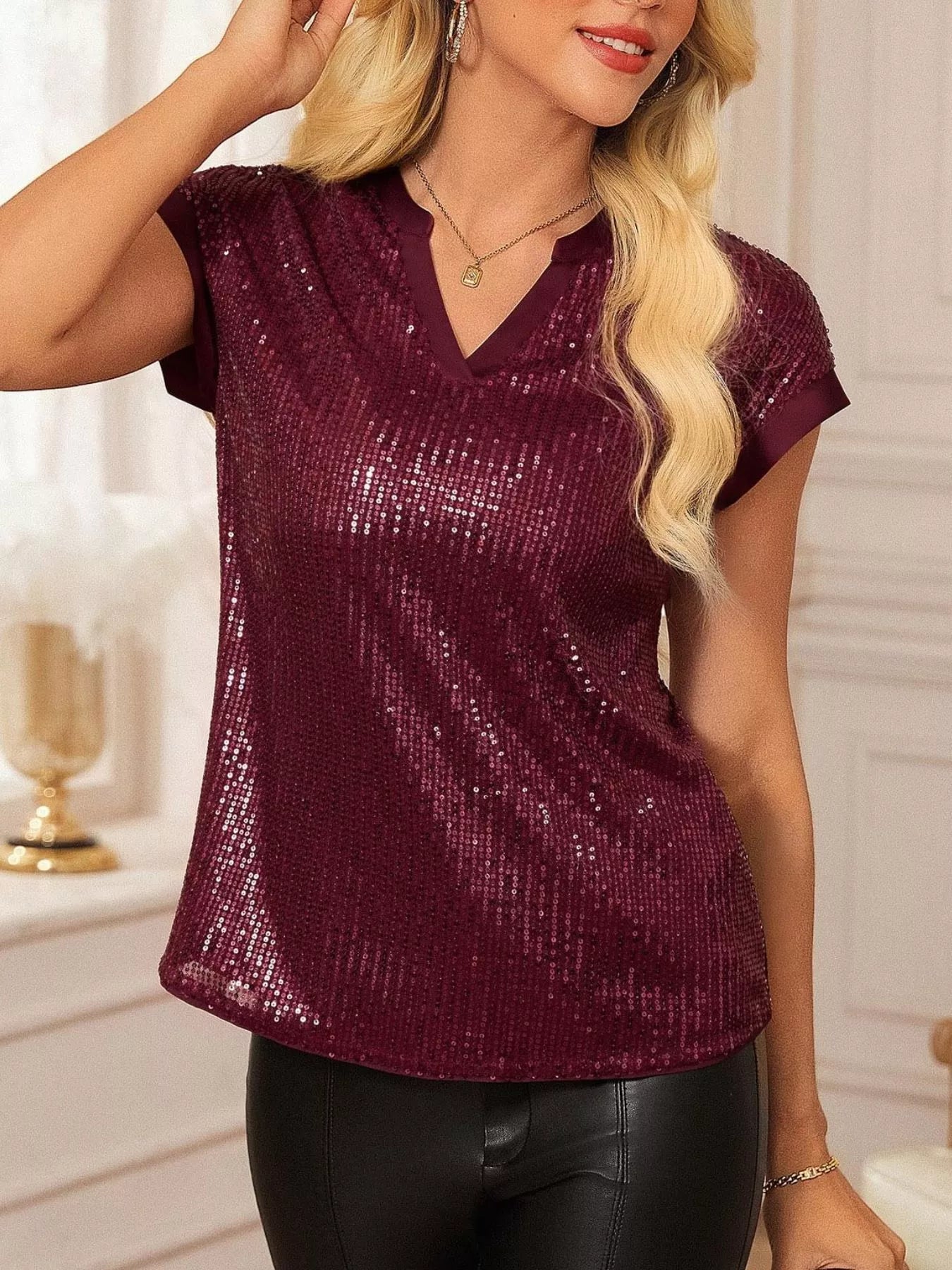 Sequin Notched Cap Sleeve Blouse 