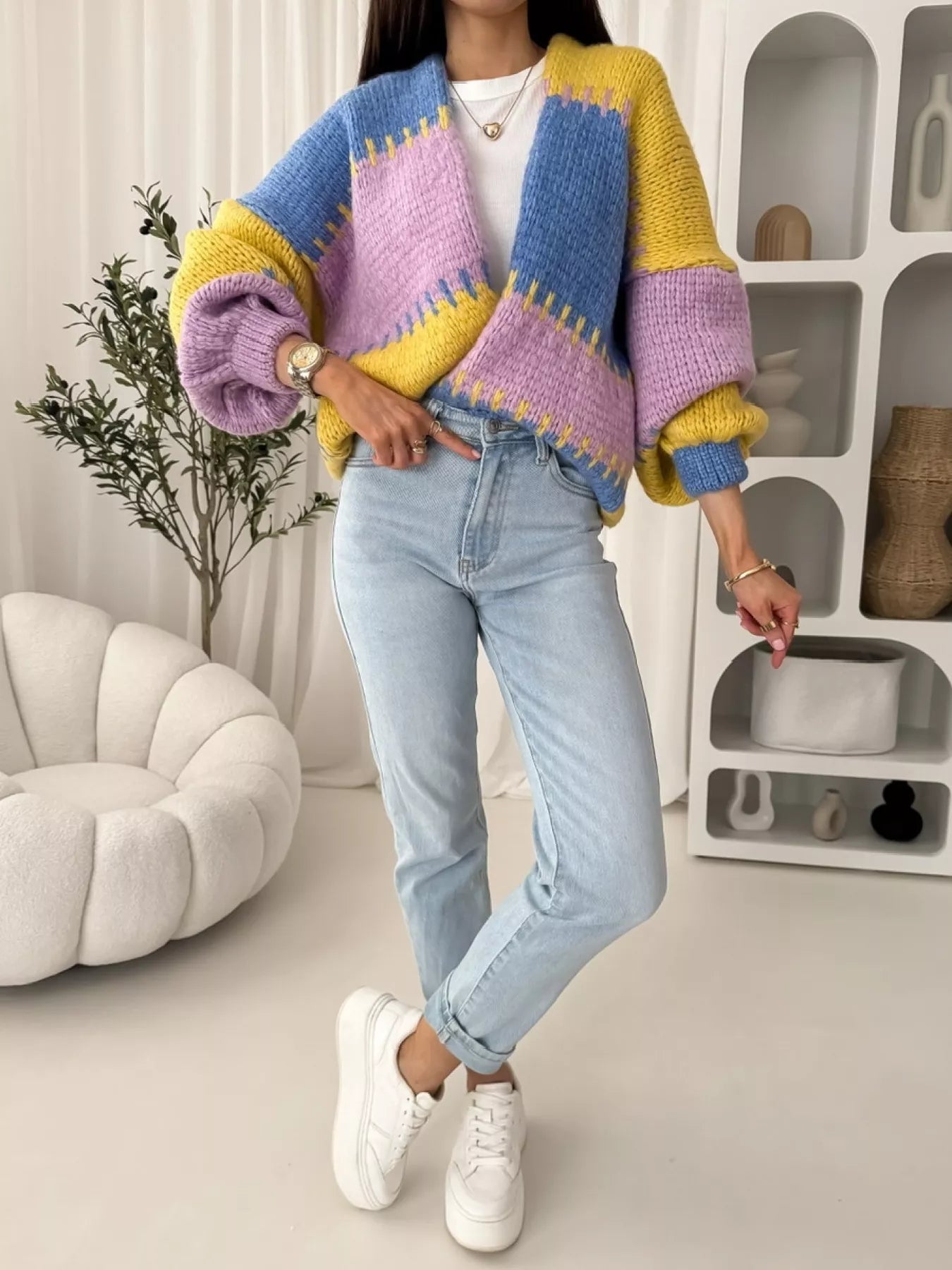 Color Block Open Front Cardigan 