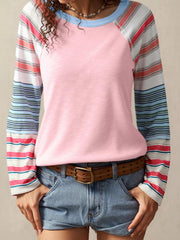 Color Block Round Neck Exposed Seam Patchwork Striped Long Sleeve Top 