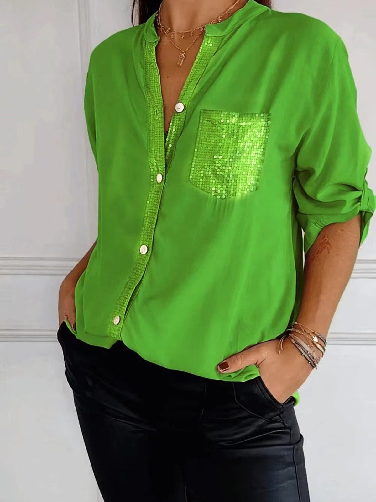 Full Size Sequin Detail Button-Down Shirt Plus Size 