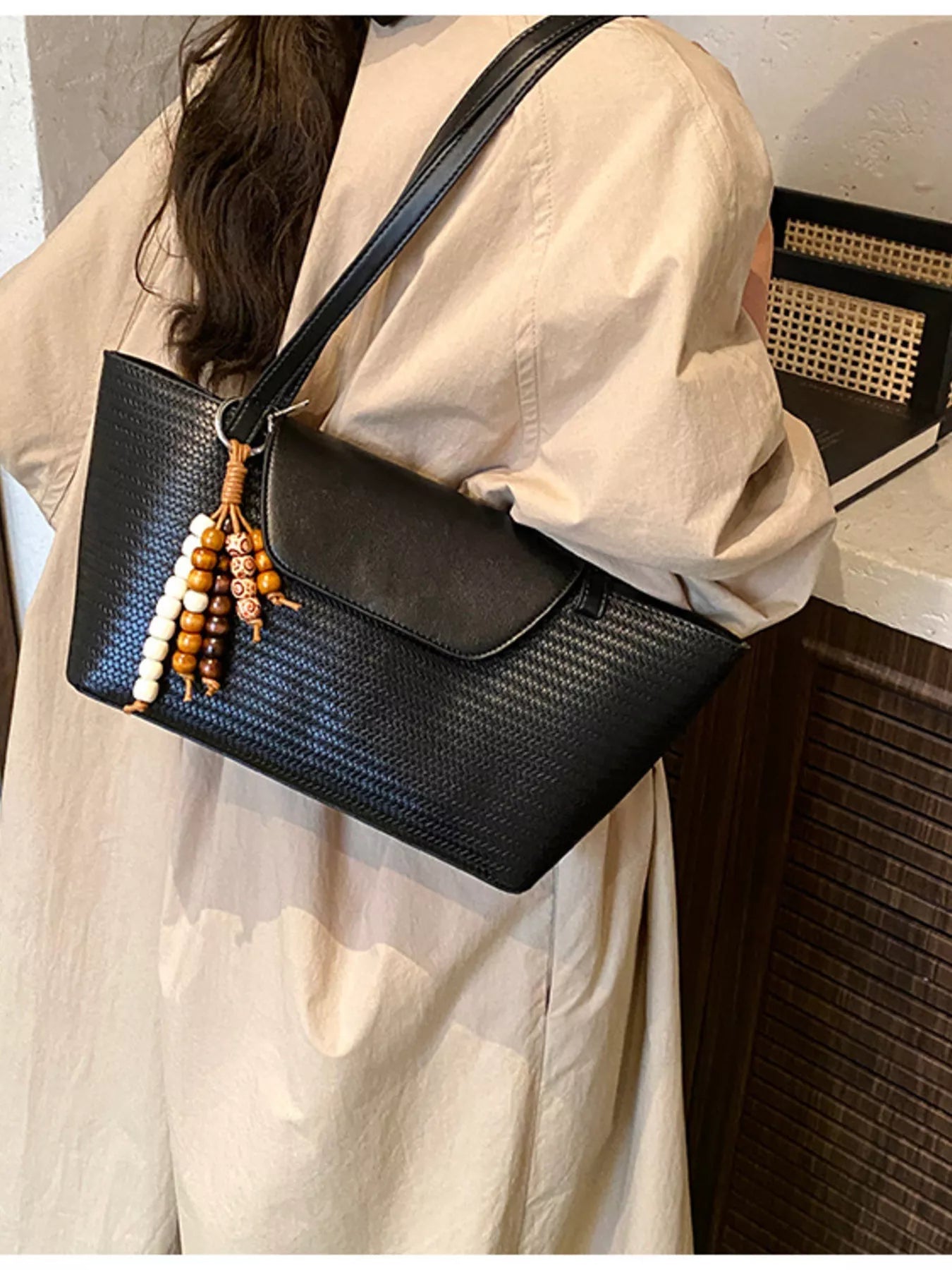Texture Tote Bag with Beaded Charm 