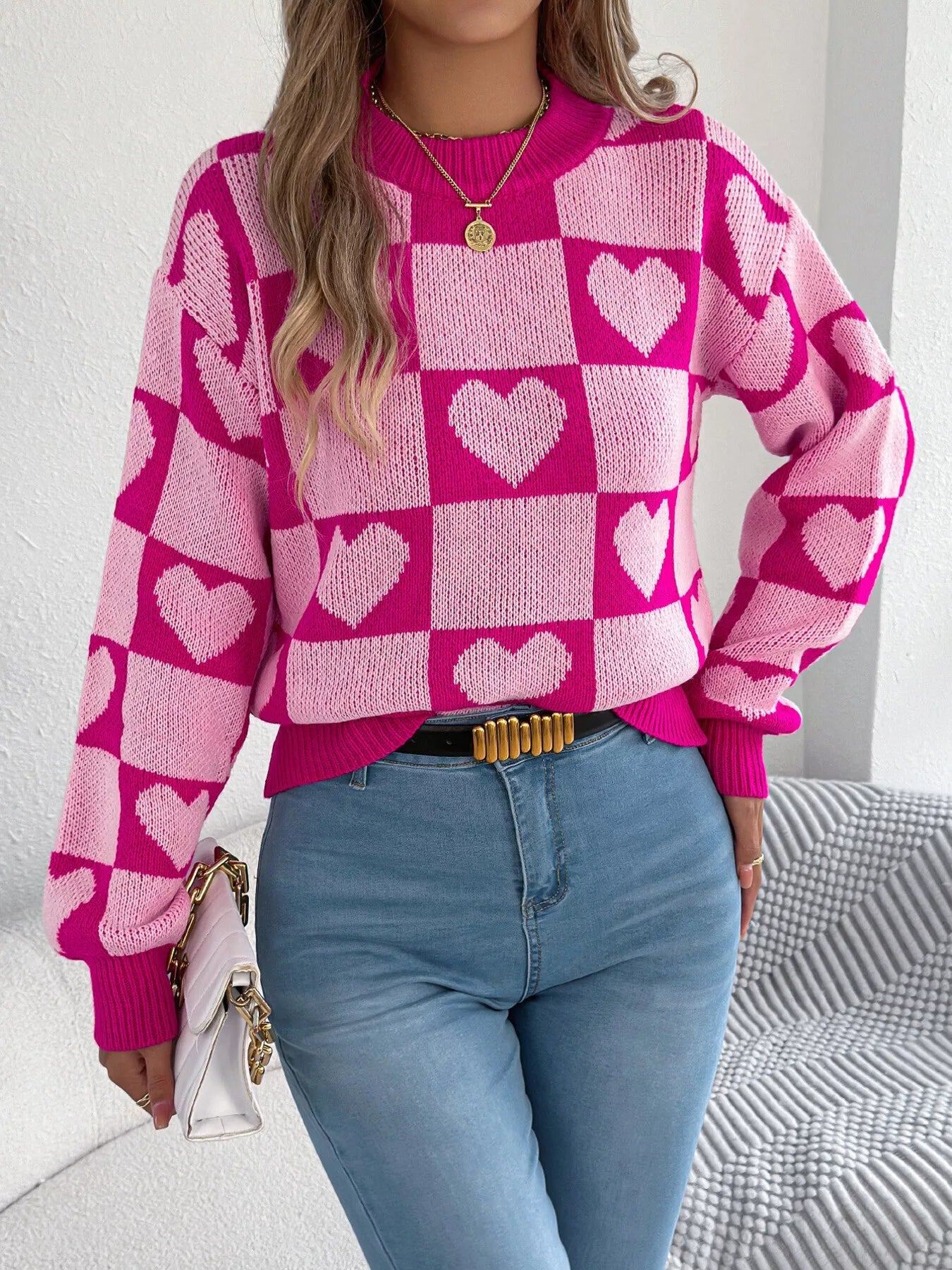 Heart Checkerboard Pattern Round Neck Sweater 