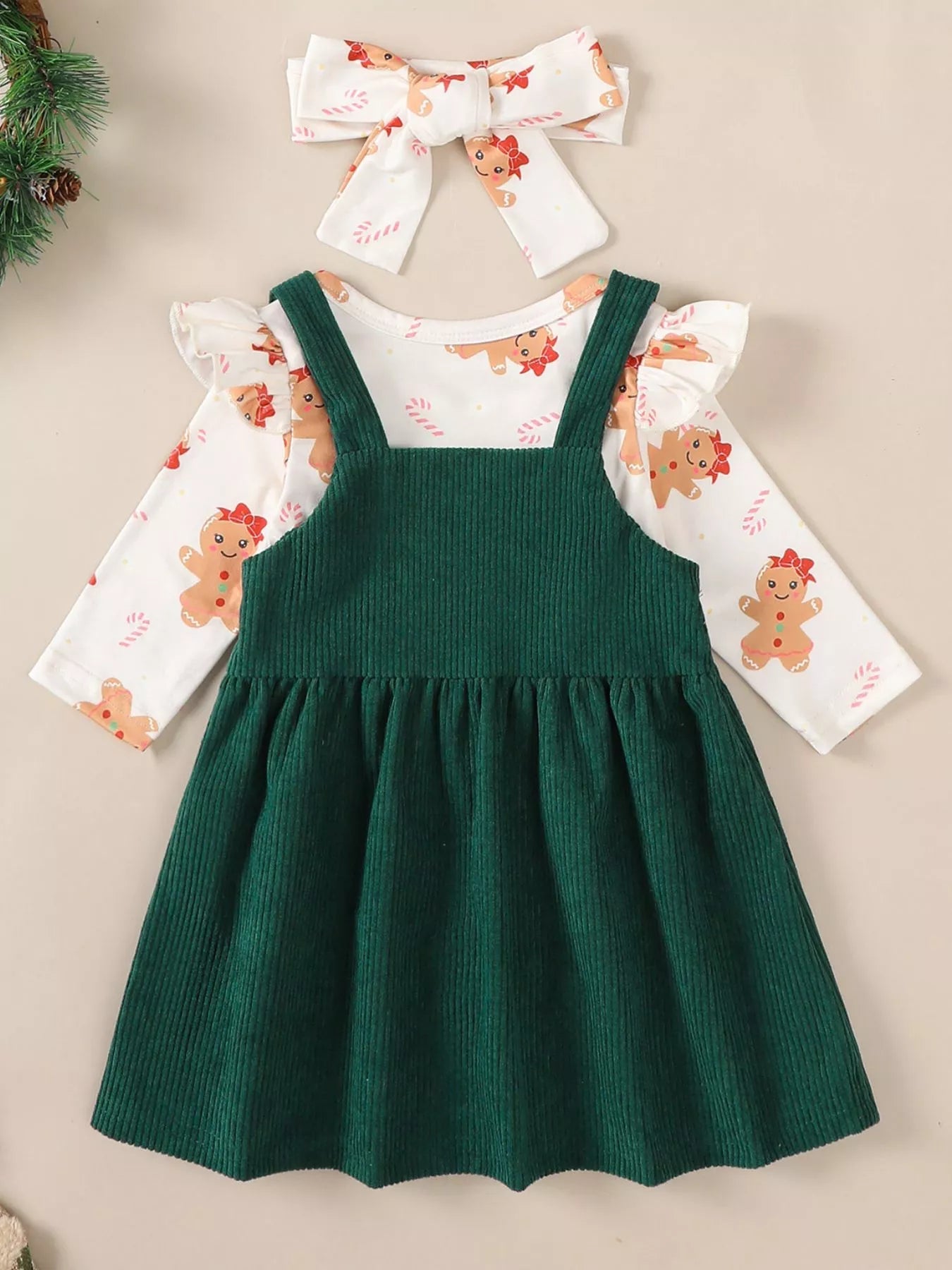 Children's Christmas Bodysuit and Overall Dress Set with Headband 