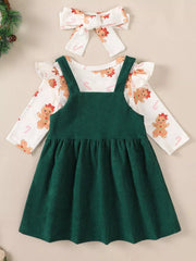 Children's Christmas Bodysuit and Overall Dress Set with Headband 