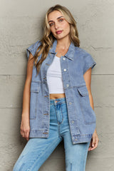 Collared Neck Sleeveless Denim Top with Pockets 