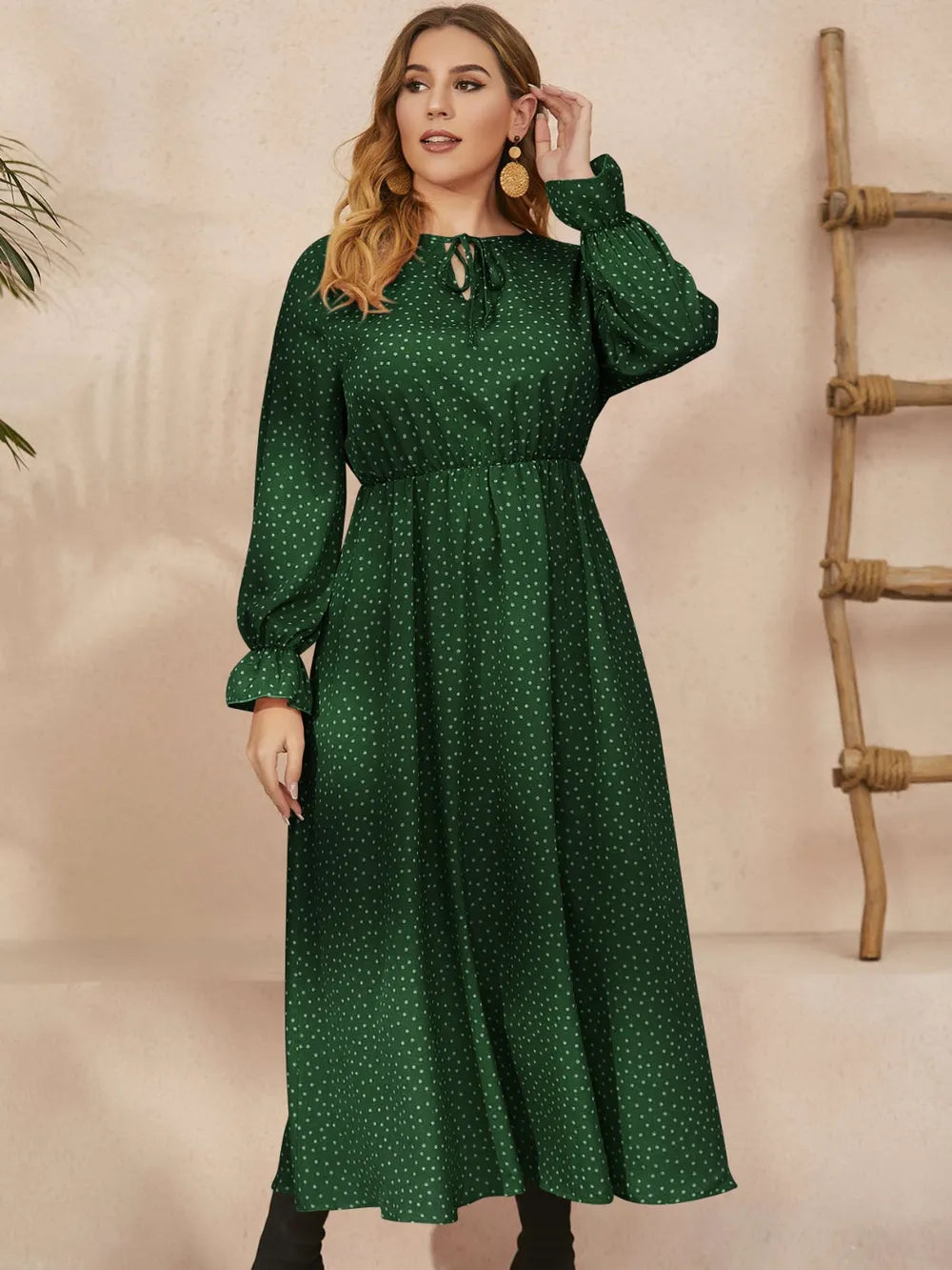 Honey Plus Size Ruffled Polka Dot Long Sleeve Midi Dress 