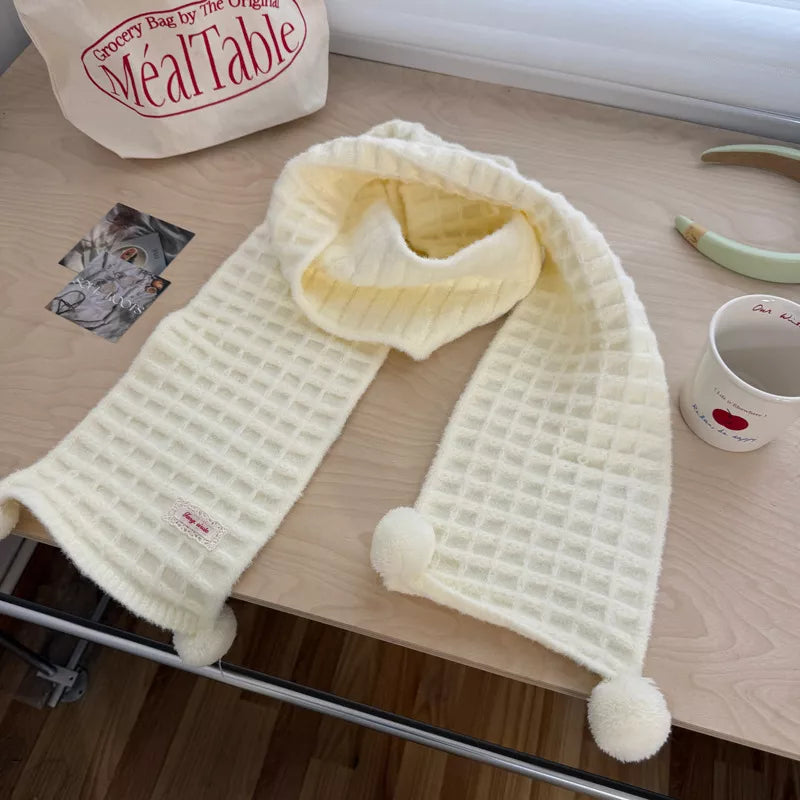 Waffle Knit Pom-Pom Scarf 