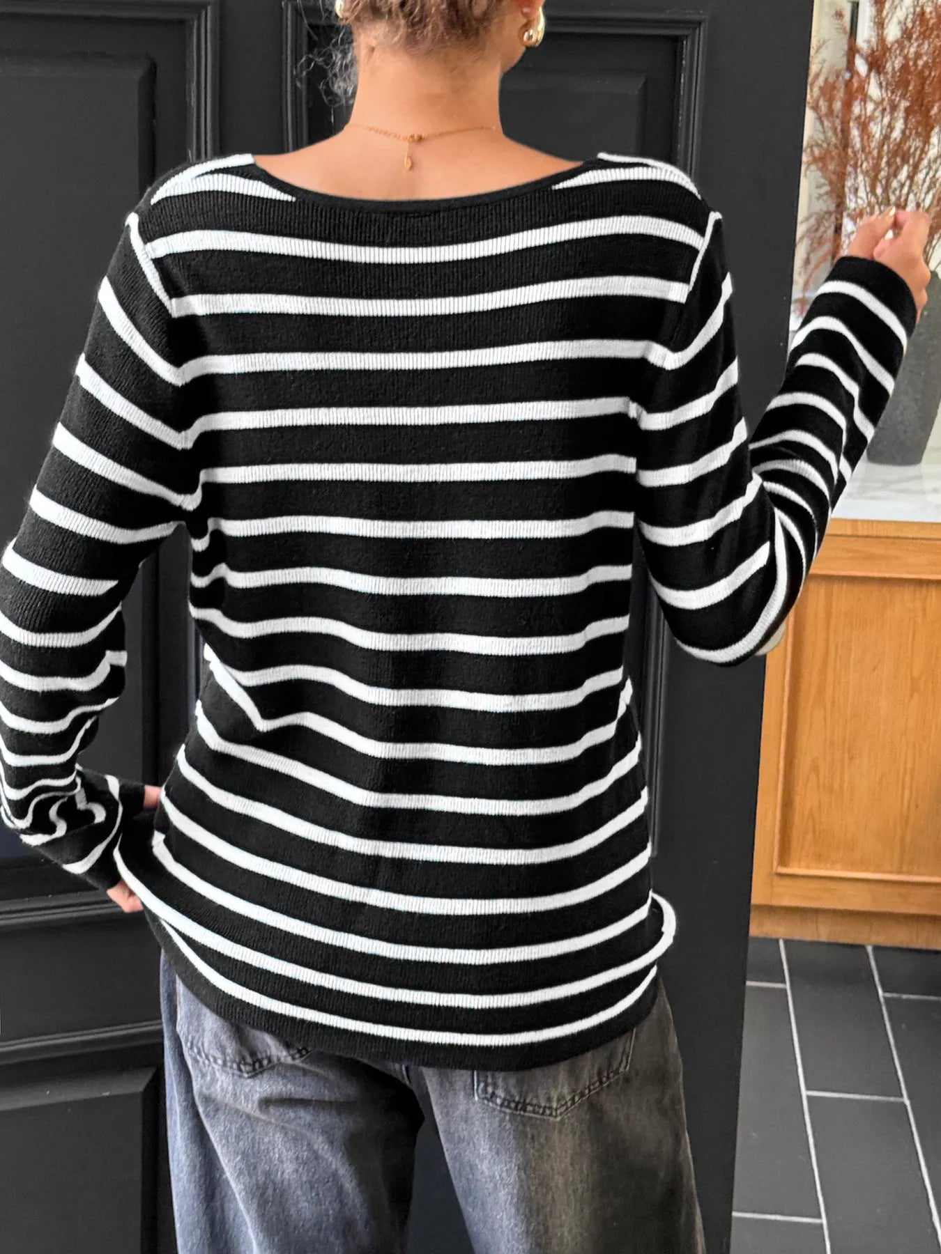 Striped Cross Front Long Sleeve Knit Top 