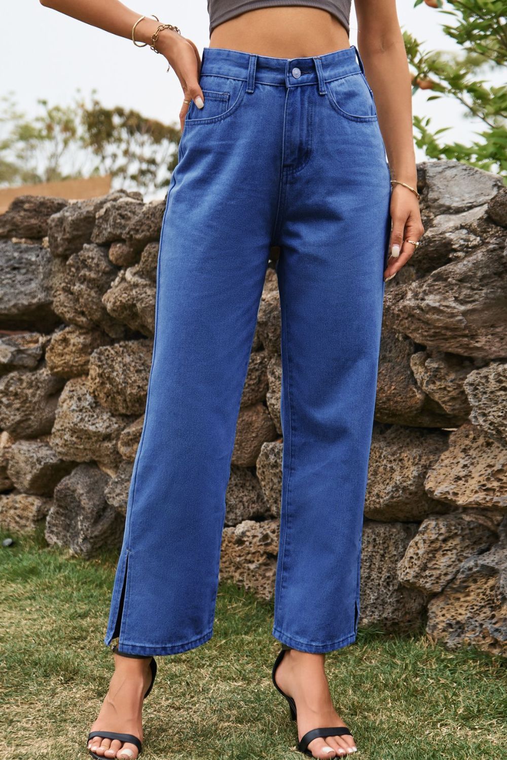 High Waist Loose Fit Ankle Slit Jeans 