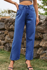 High Waist Loose Fit Ankle Slit Jeans 