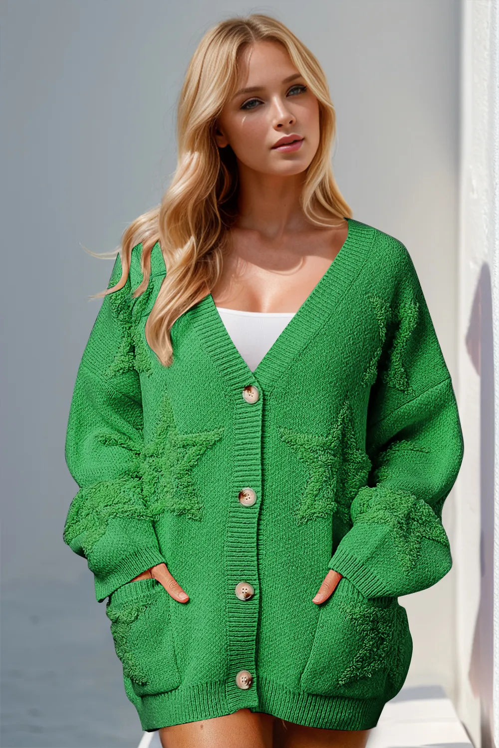 Double Take Full Size Button Up Star Pattern Cardigan 