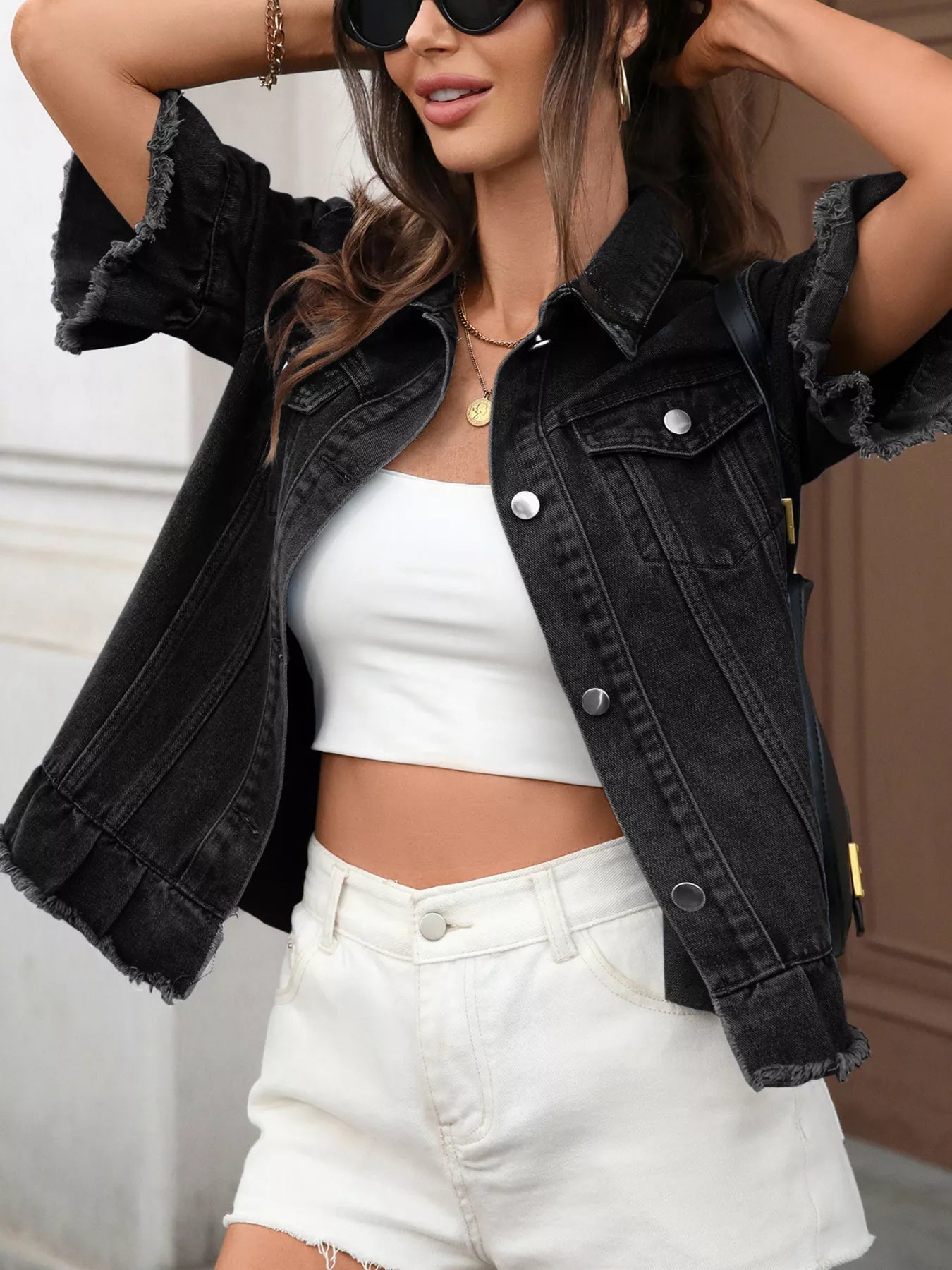 Raw Hem Button Up Denim Jacket 