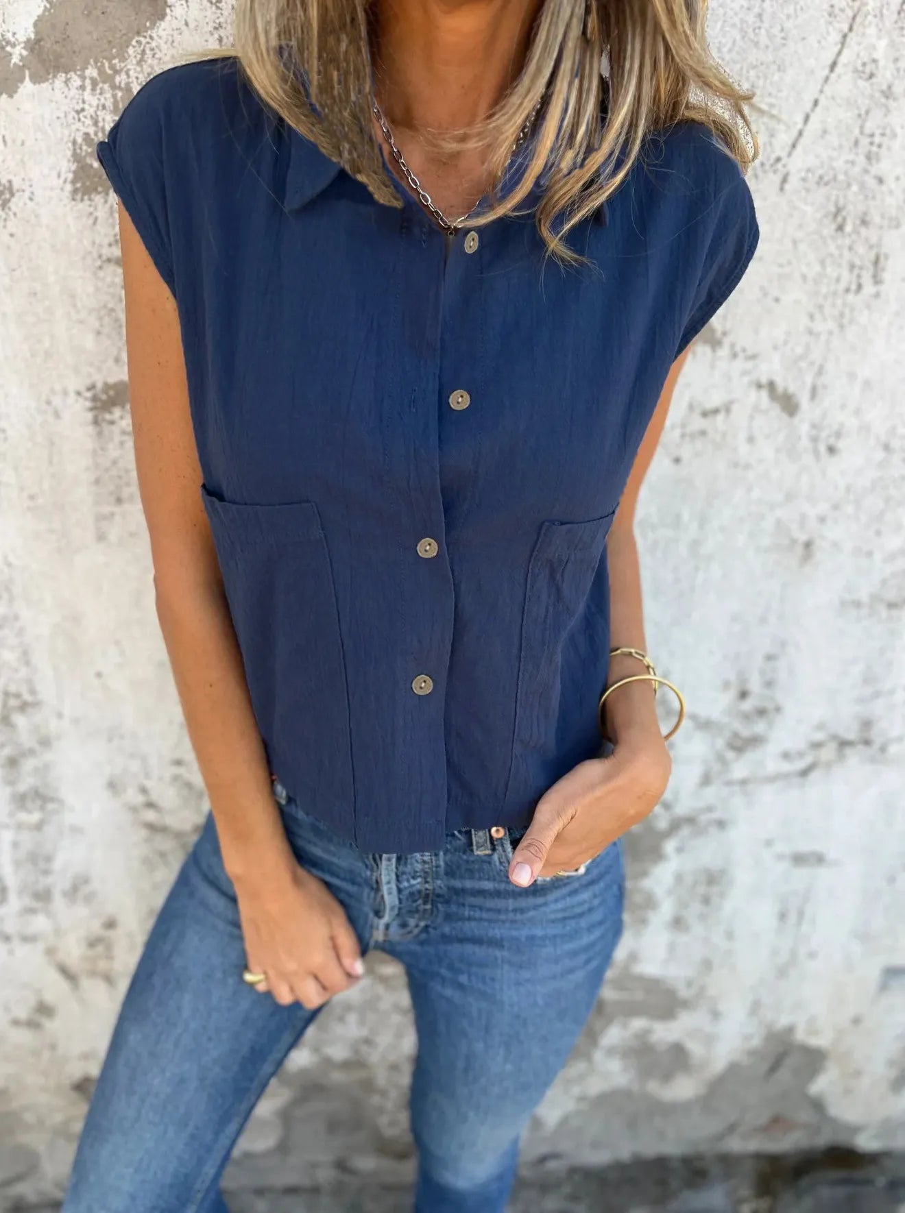 Full Size Button Down Cap Sleeve Linen Shirt Plus Size 