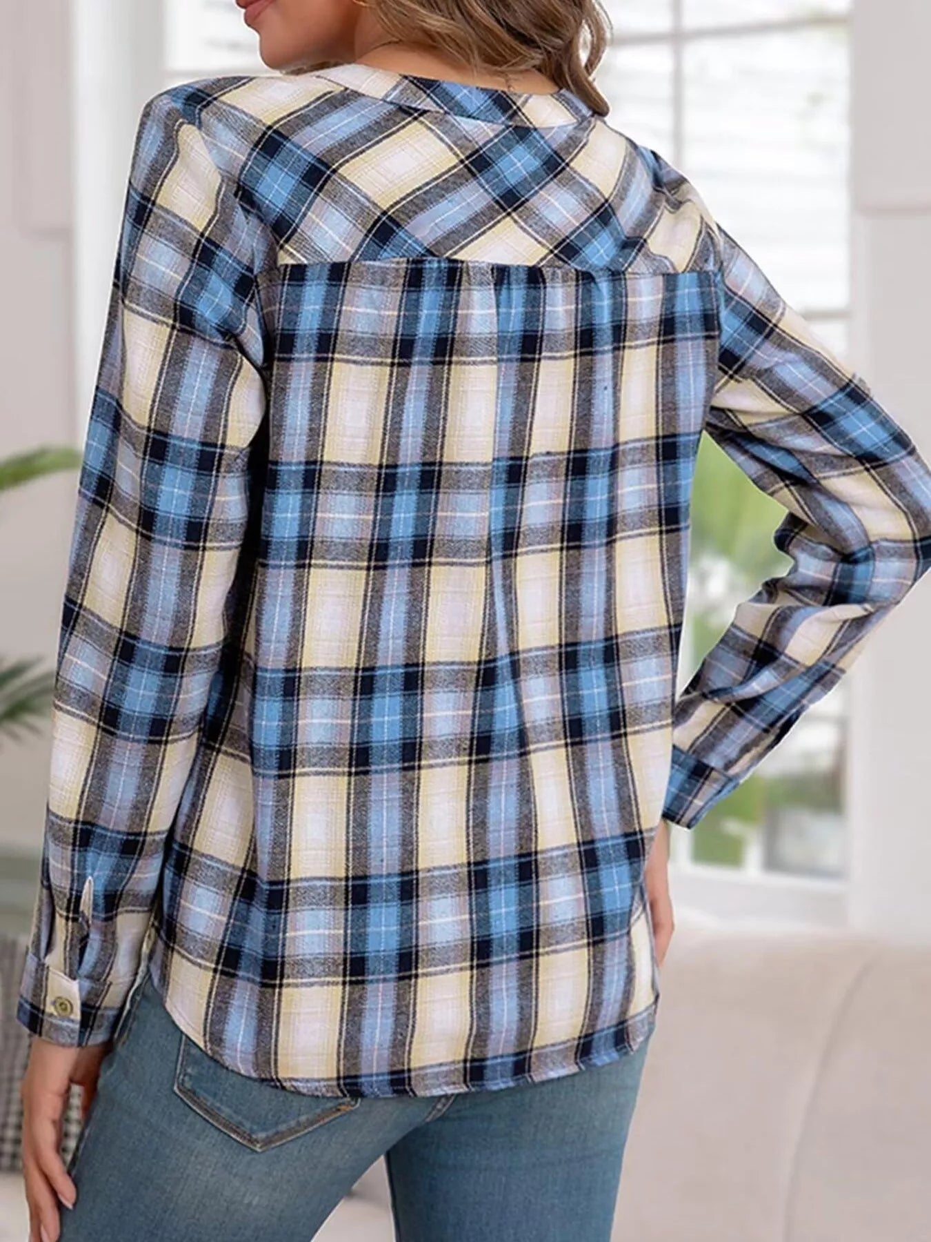 Plaid Half Button Long Sleeve Blouse 