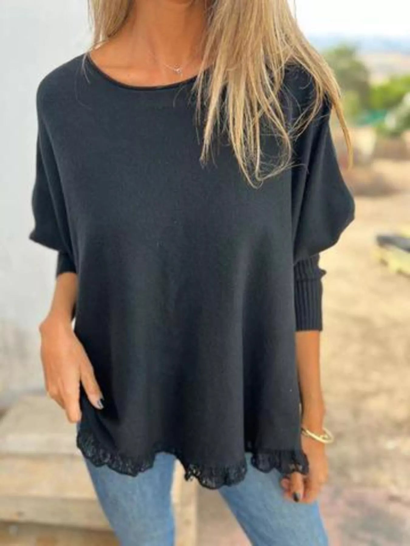 Full Size Round Neck Long Sleeve Knit Top with Lace Trim Plus Size 