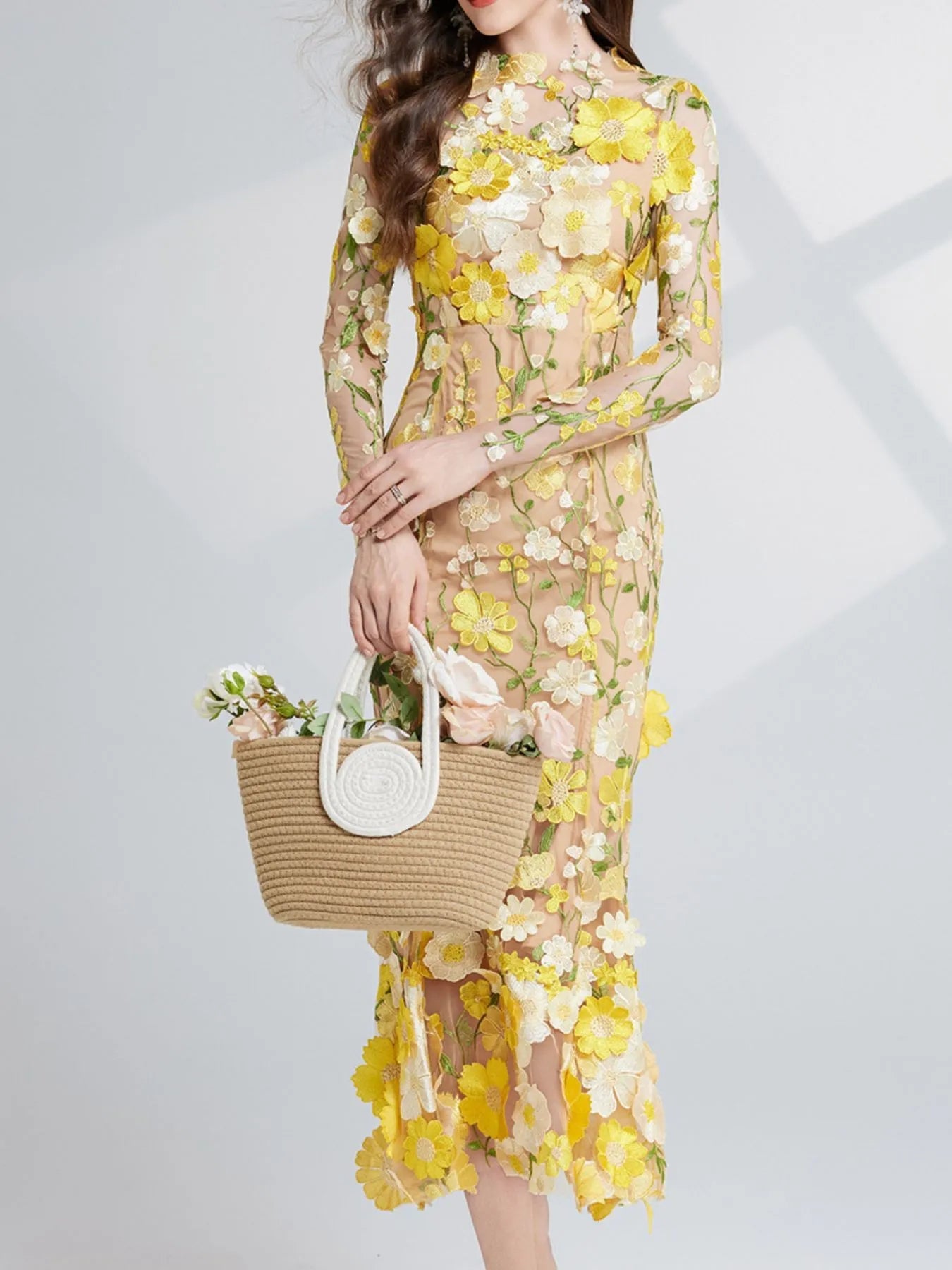 Floral Embroidered Mesh Long Sleeve Midi Dress 