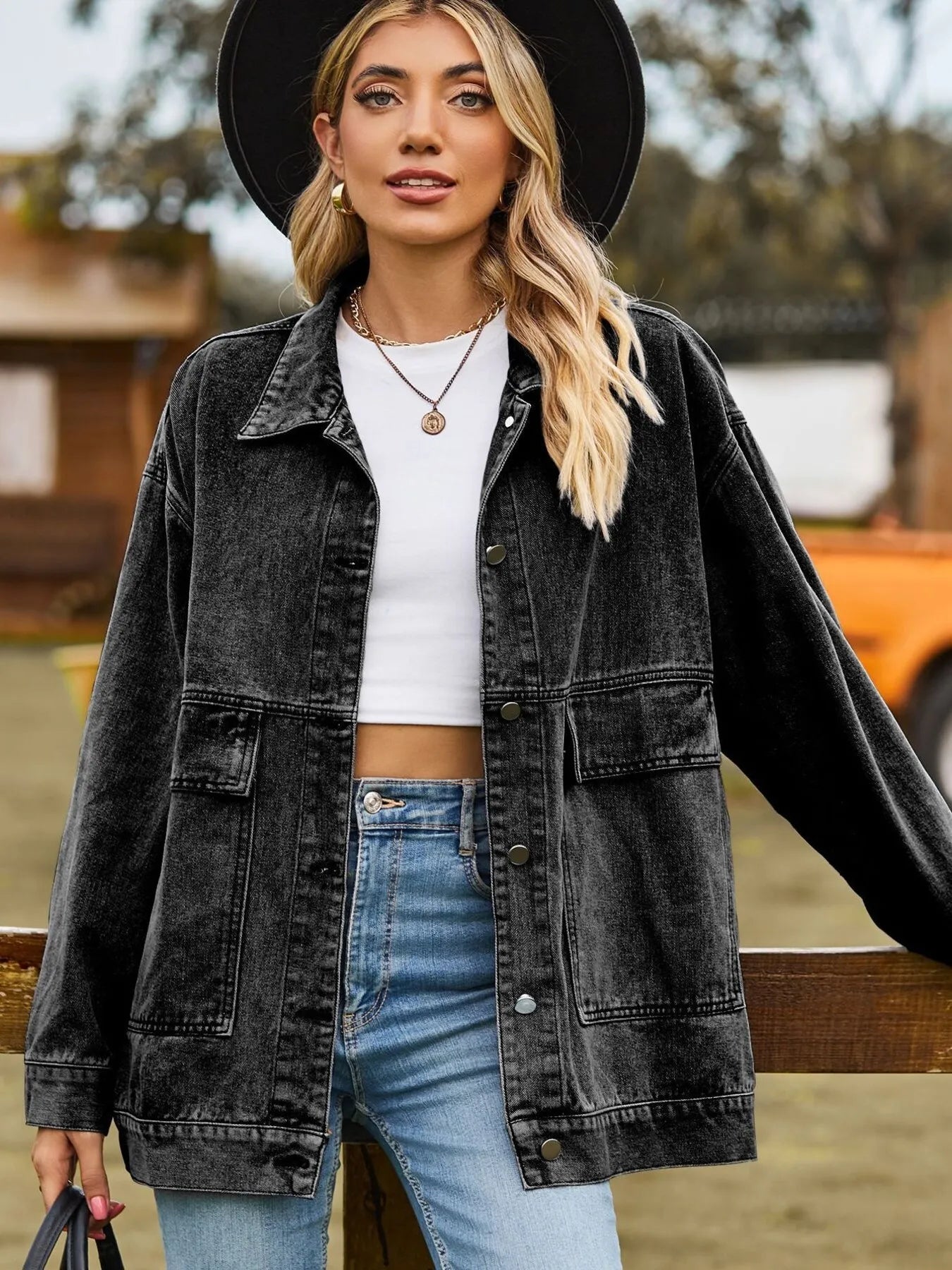 Oversized Button Up Denim Jacket with Hood 