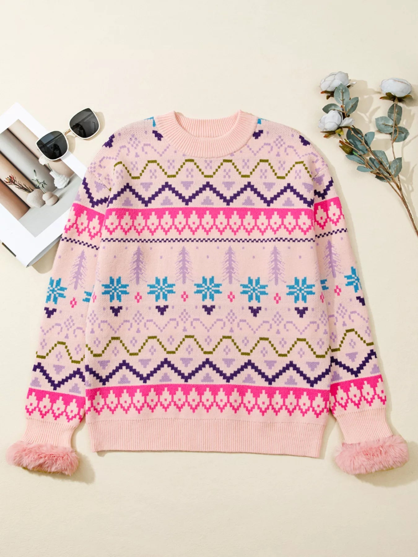 Multicolour Ethnic Christmas Pattern Knit Feather Cuffed Sweater 