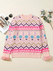 Multicolour Ethnic Christmas Pattern Knit Feather Cuffed Sweater 