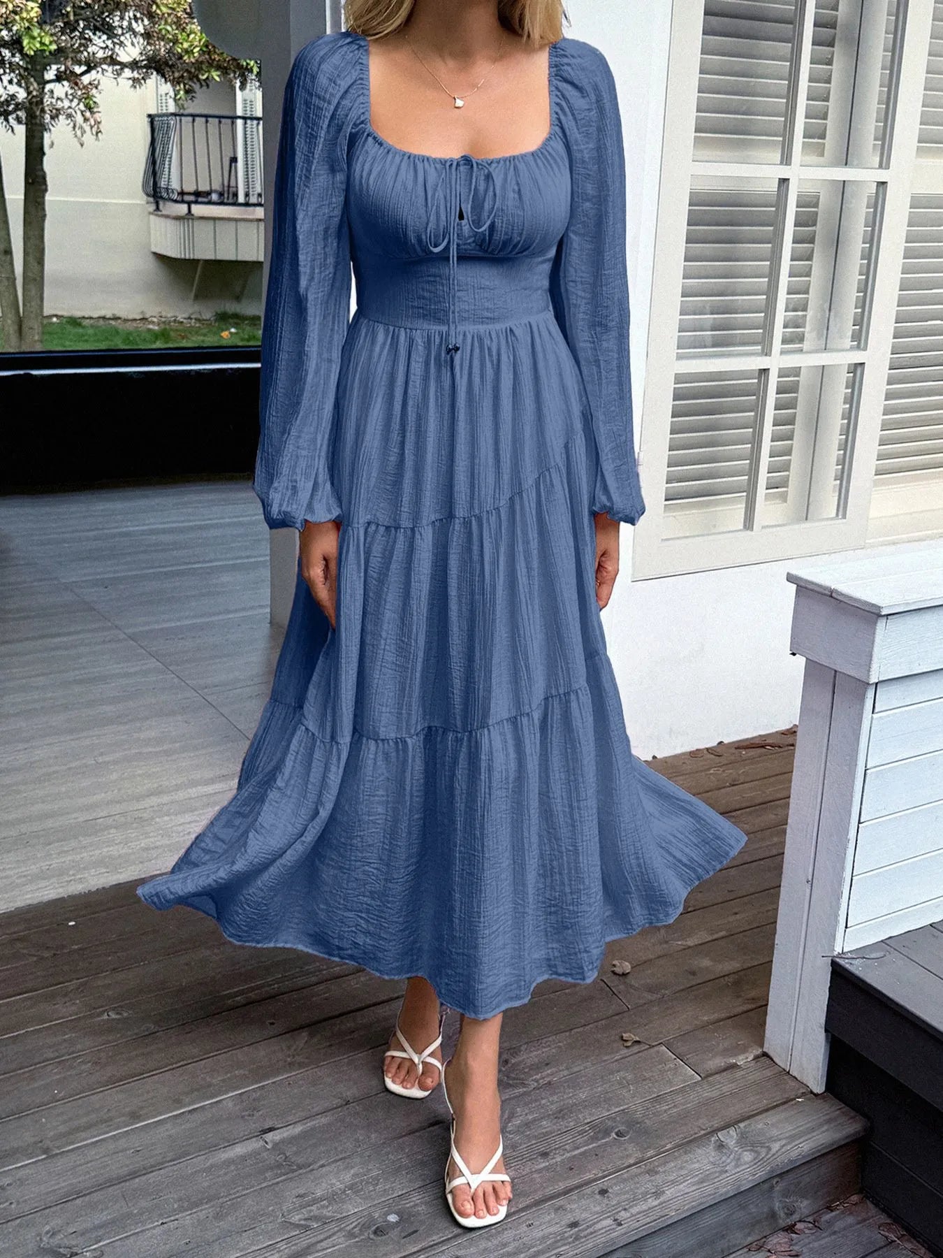 Tiered Balloon Sleeve Midi Dress 