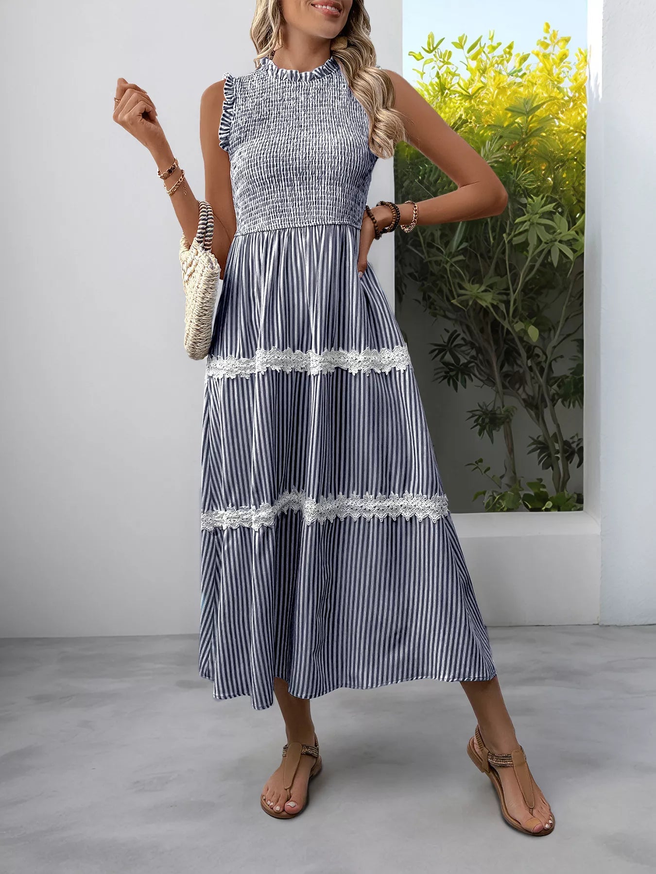 Smocked Striped Lace Trim Sleeveless Midi Dress 