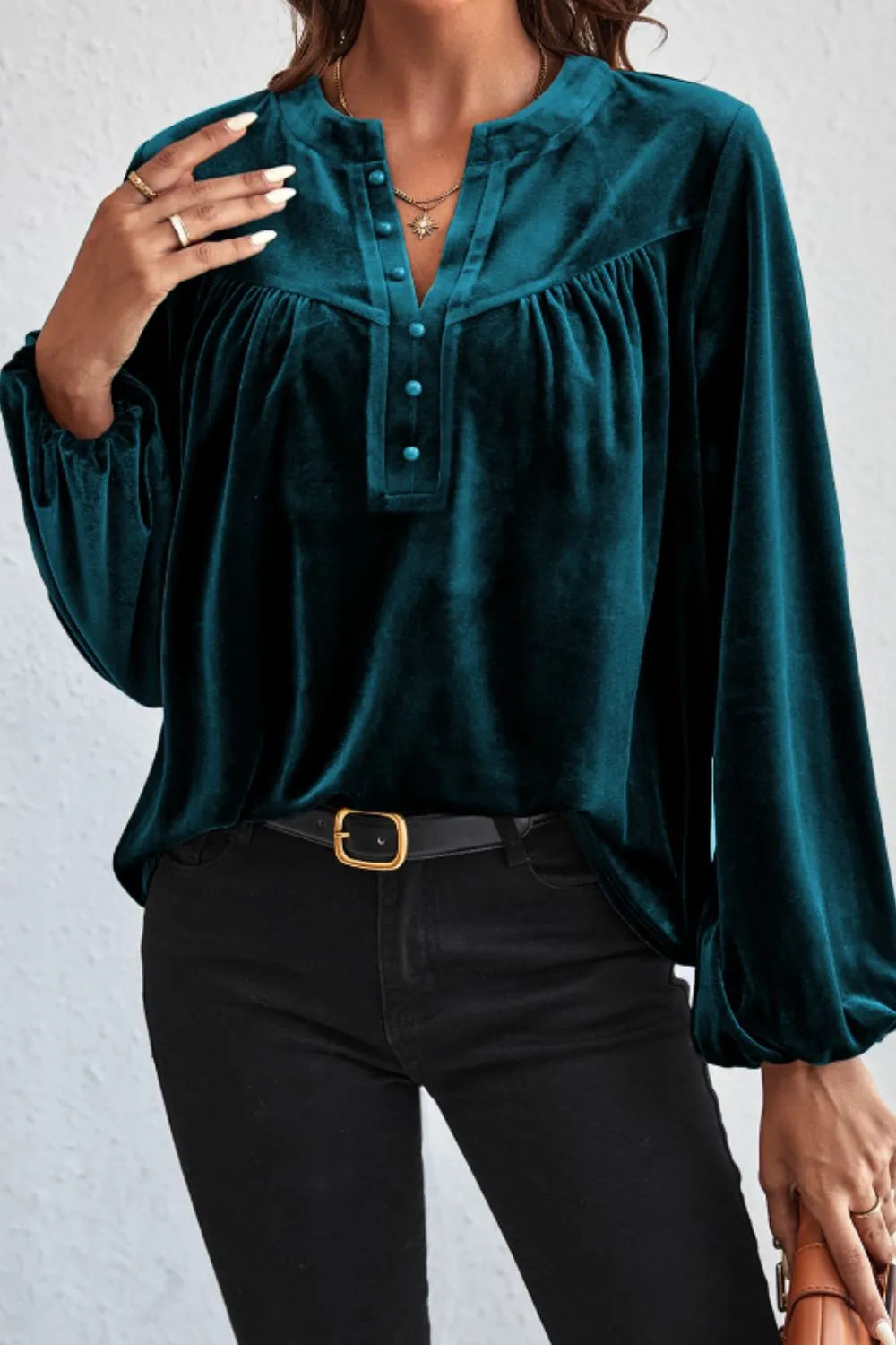 Notched Long Sleeve Velvet Top 