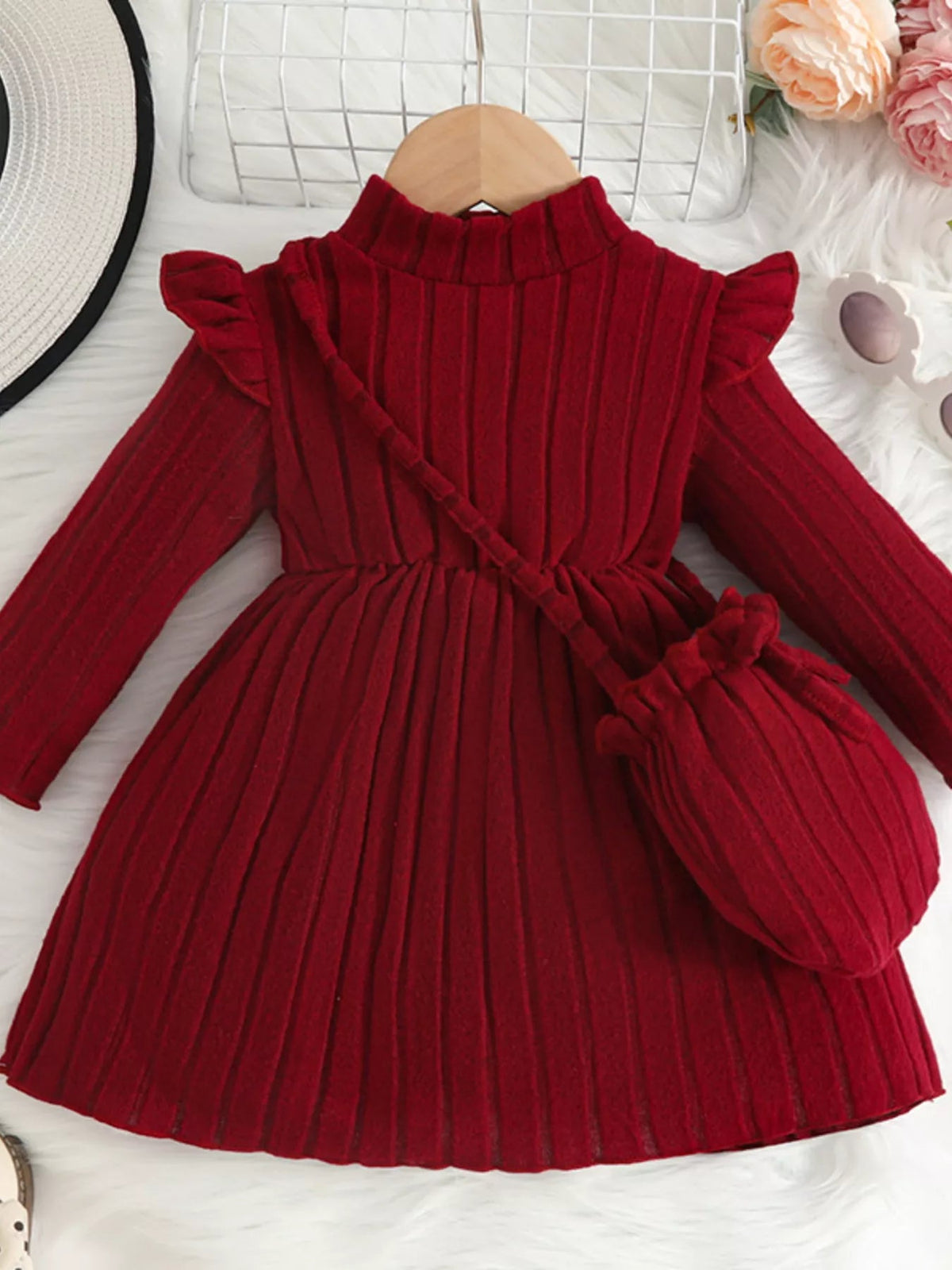 Children's Ribbed Knit Ruffle Trim Dress with Bag 