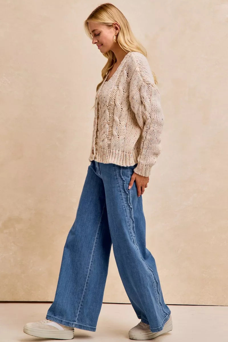 BiBi Wavy Side Edge Detail Lined Wide Leg Jeans 