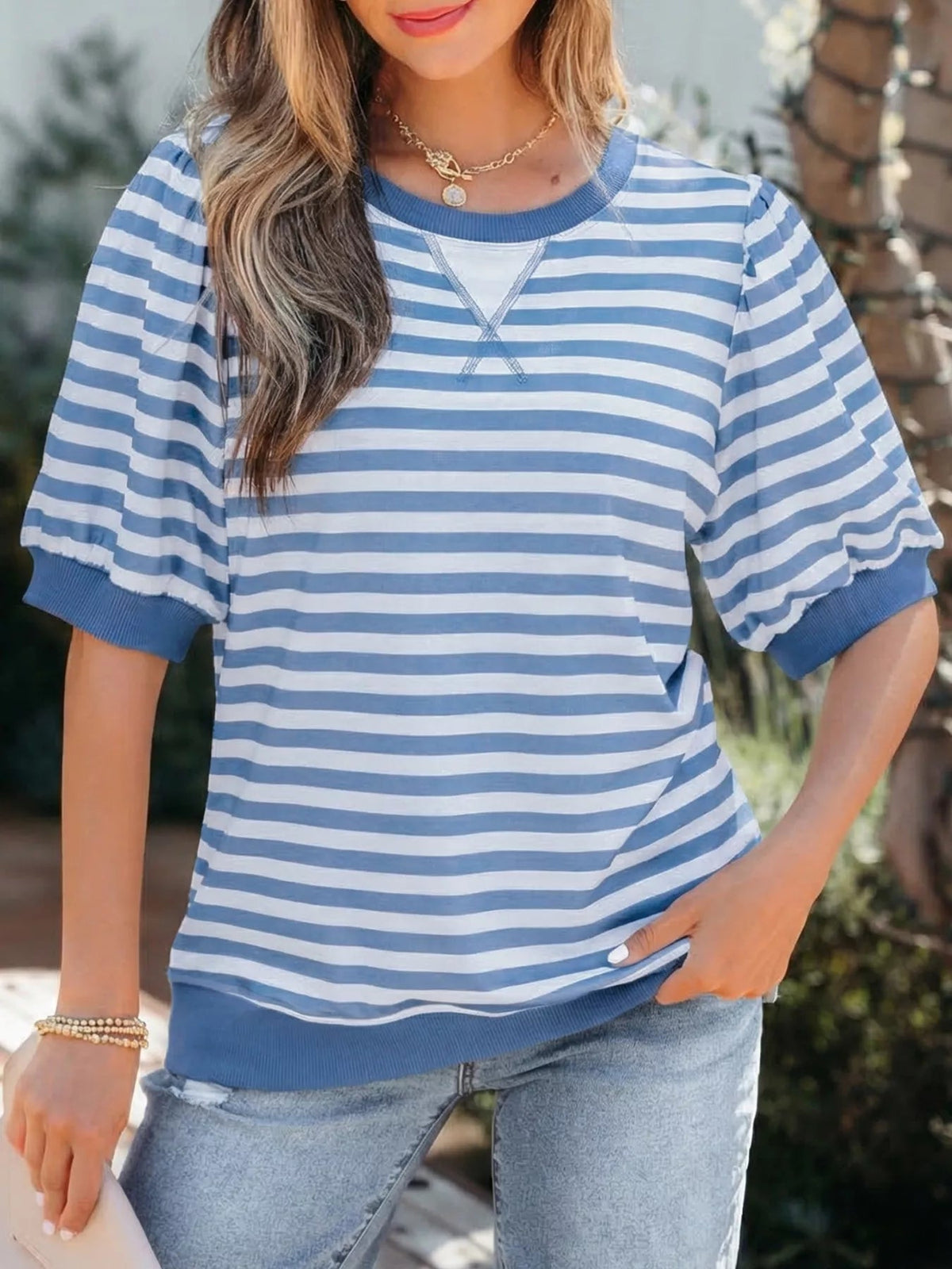 Stripe Short Bubble Sleeve T Shirt 