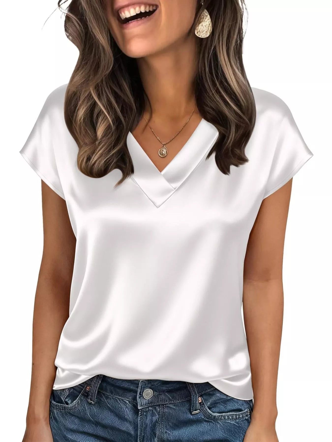 Satin V-Neck Cap Sleeve Blouse 