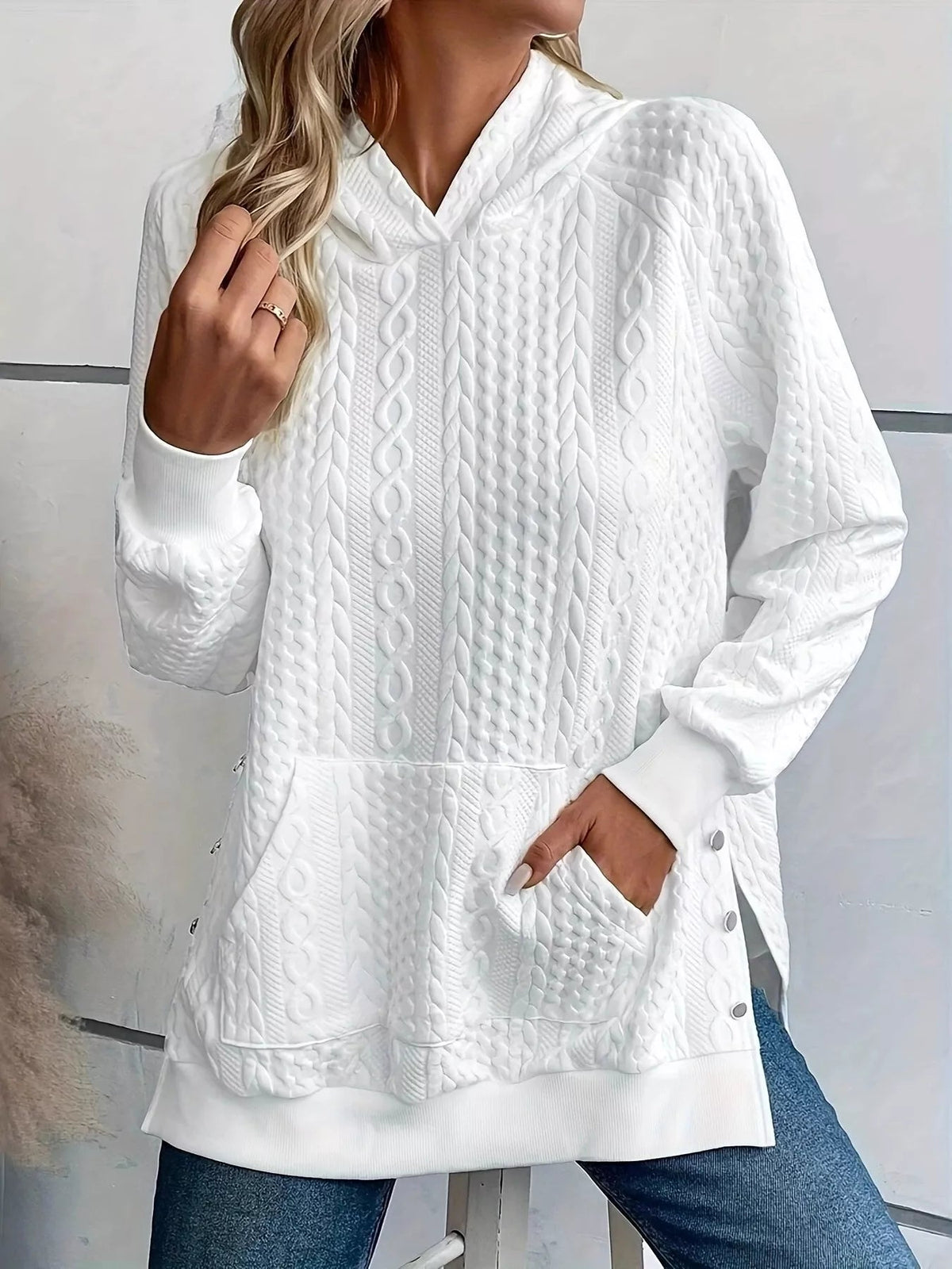 Cable Texture Hoodie with Side Button 