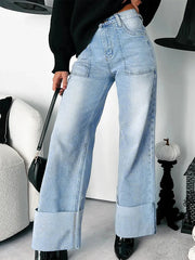High-Waisted Wide-Leg Jeans with Cuffed Hem 
