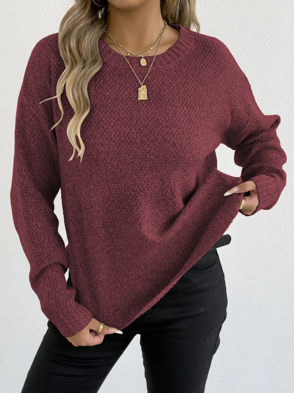 Textured Knit Relaxed Fit Round Neck Sweater 