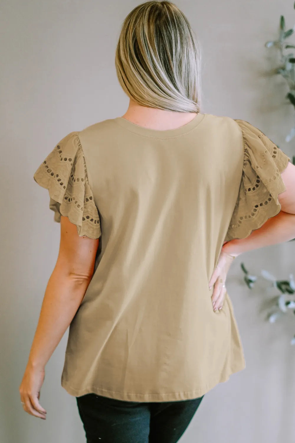 Plus Size Eyelet Round Neck Short Sleeve Blouse 