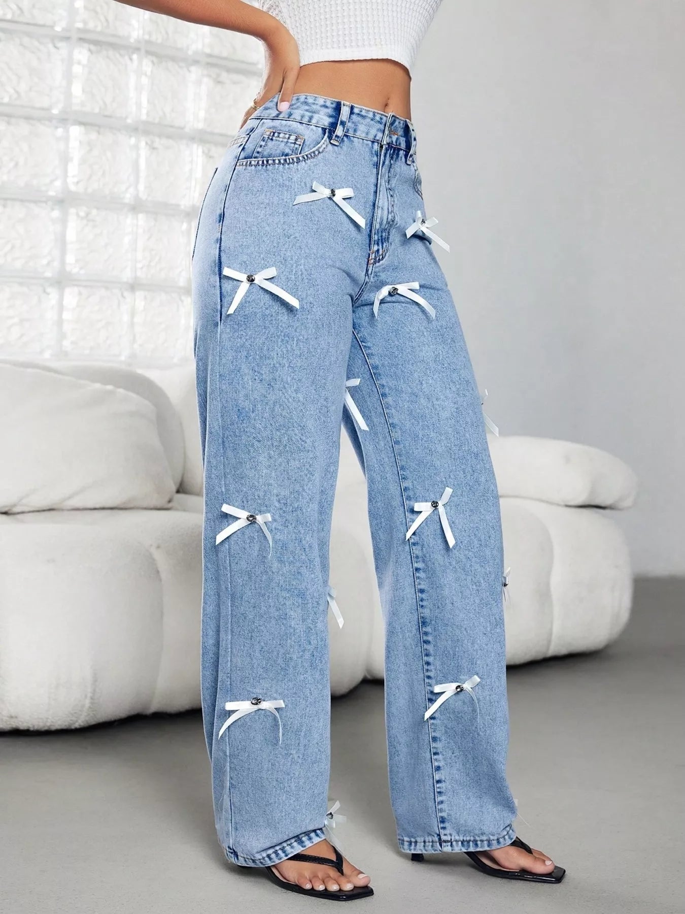 Bow Decor High Waist Wide Leg Jeans 