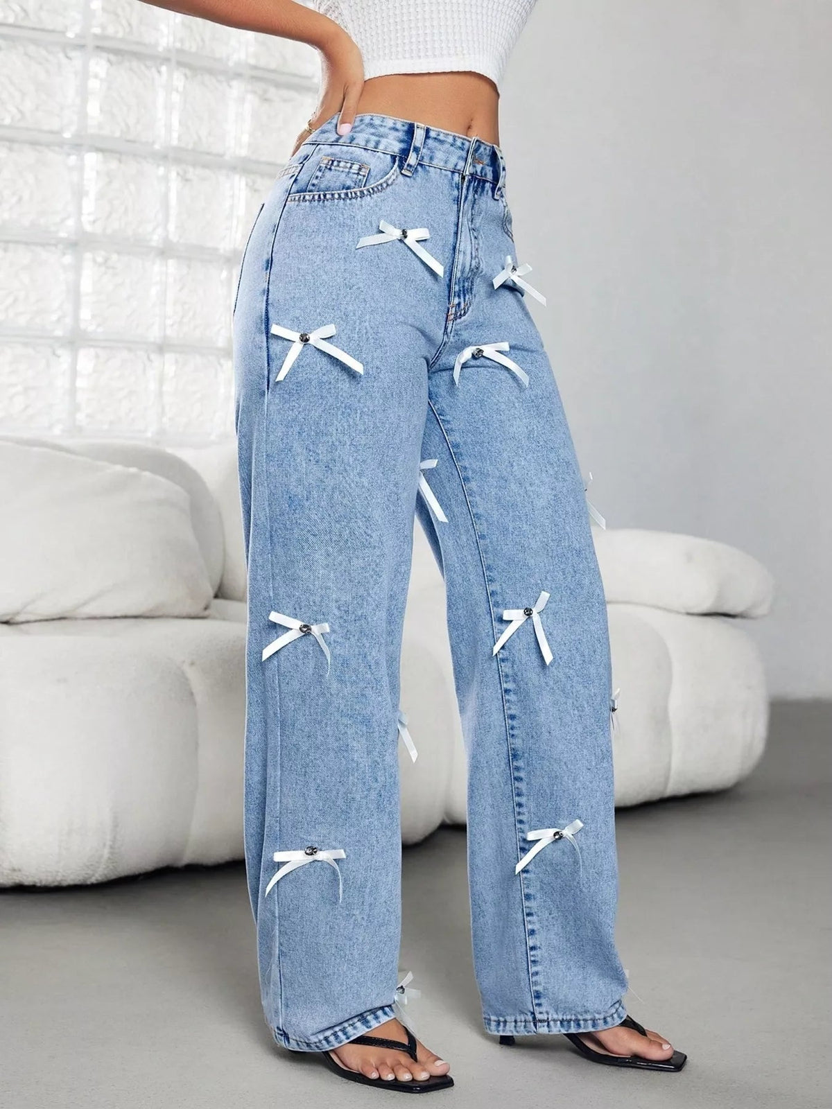 Bow Decor High Waist Wide Leg Jeans 