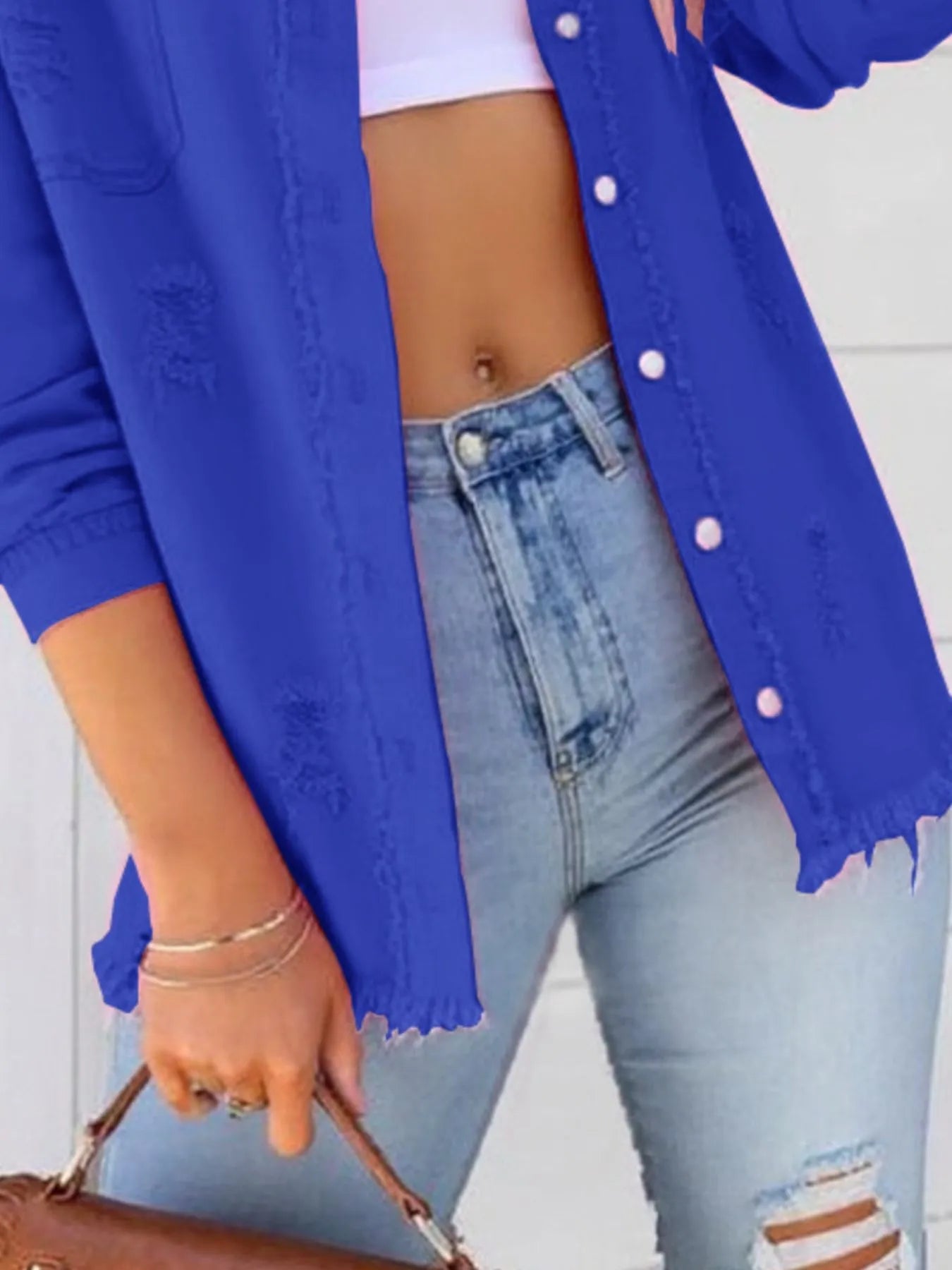 Distressed Denim Jacket with Frayed Edges 