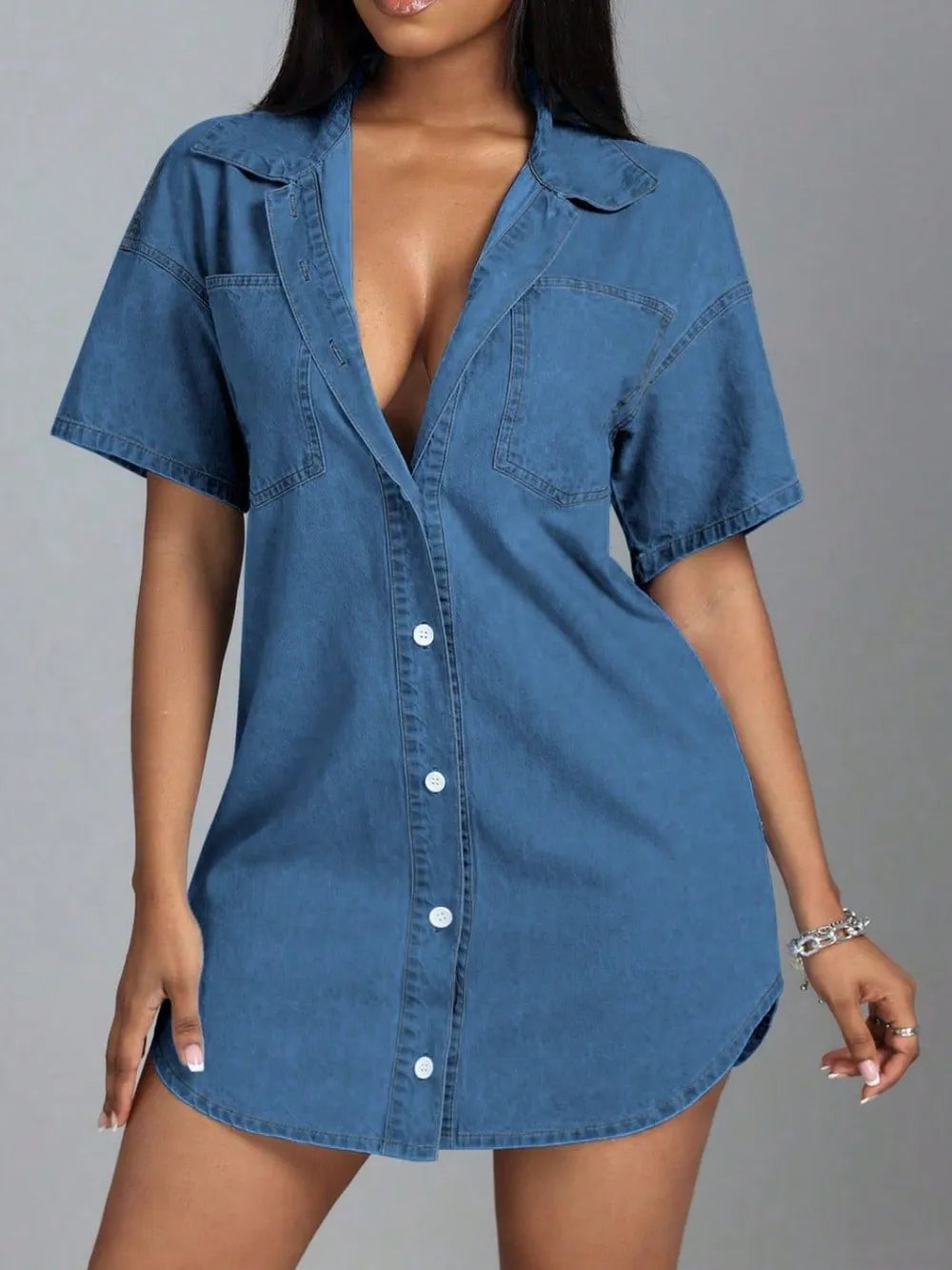 Button Down Collared Neck Denim Dress 