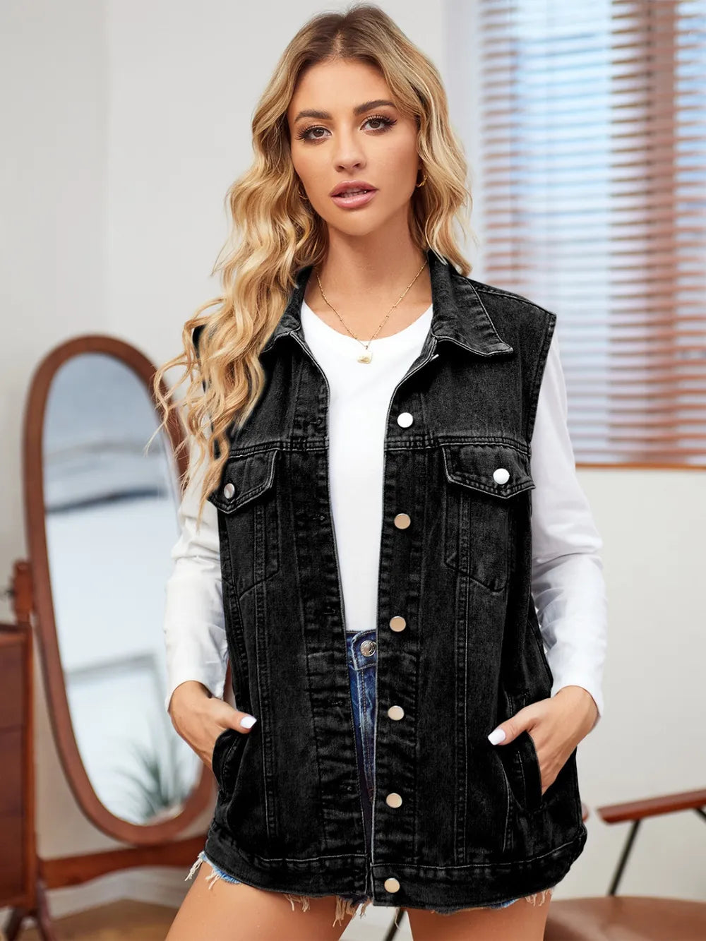 Pocketed Button Up Sleeveless Denim Jacket 