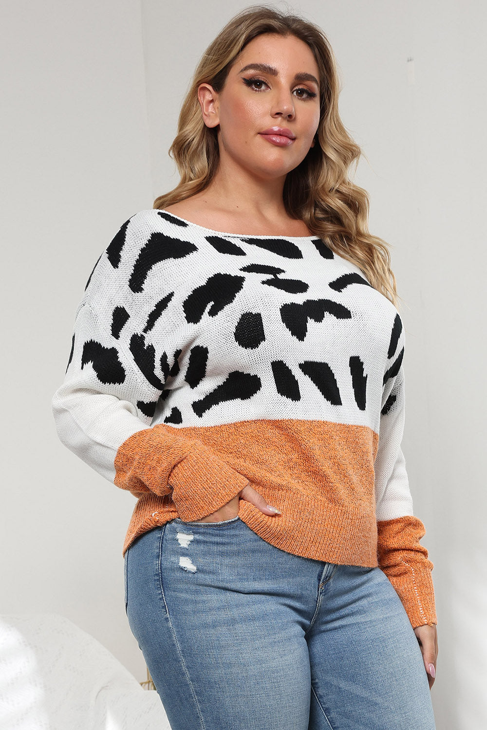 Plus Size Leopard Round Neck Long Sleeve Sweater 