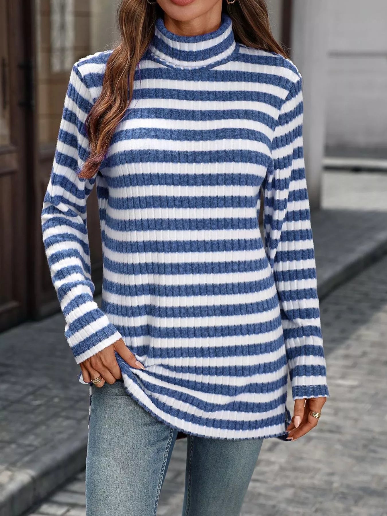 Striped Turtleneck Long Sleeve Knit Top 