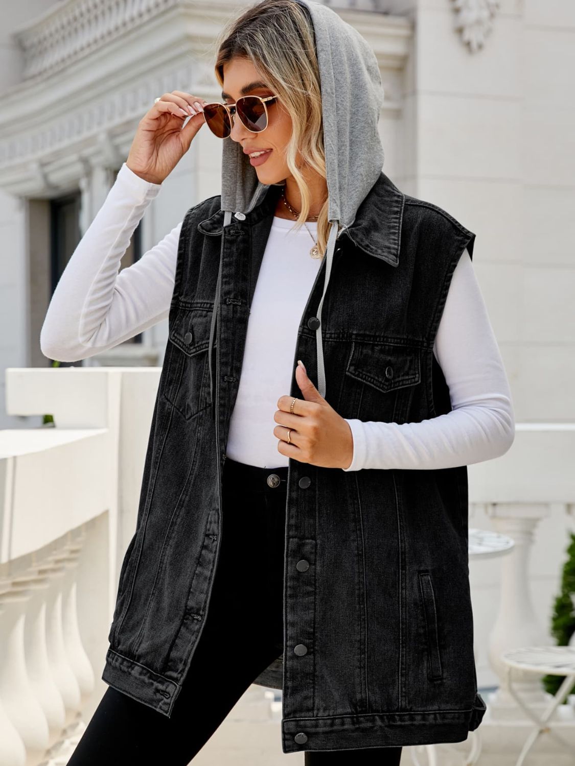 Drawstring Hooded Sleeveless Denim Top with Pockets 