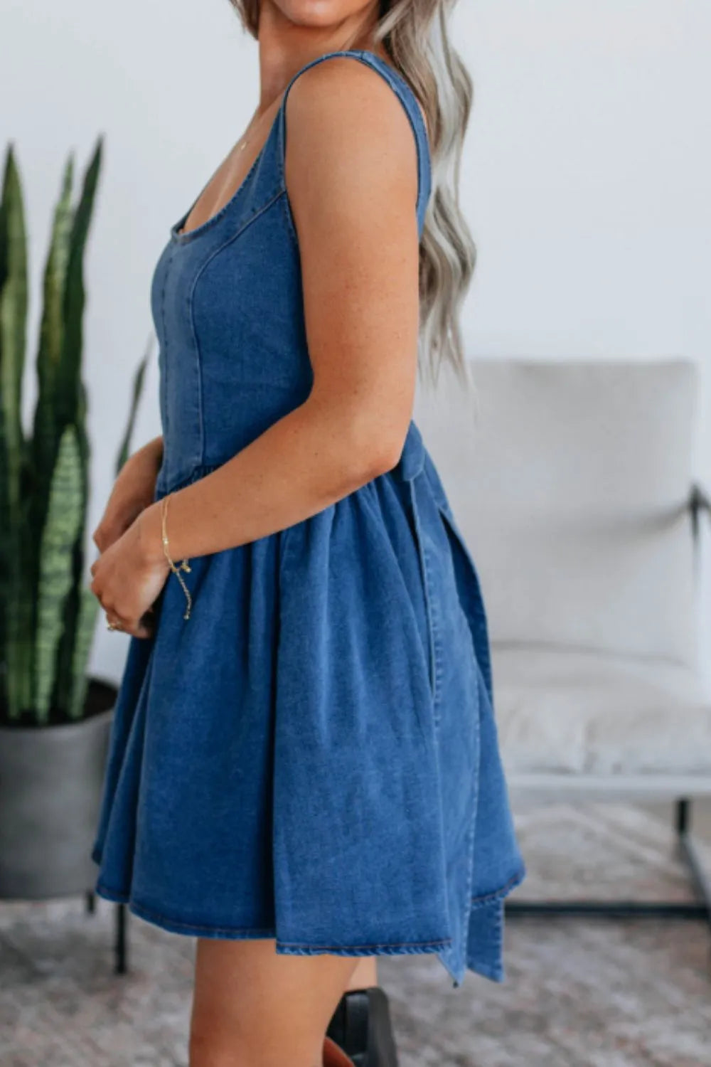 V-Back Bow Tie Denim Skater Dress 