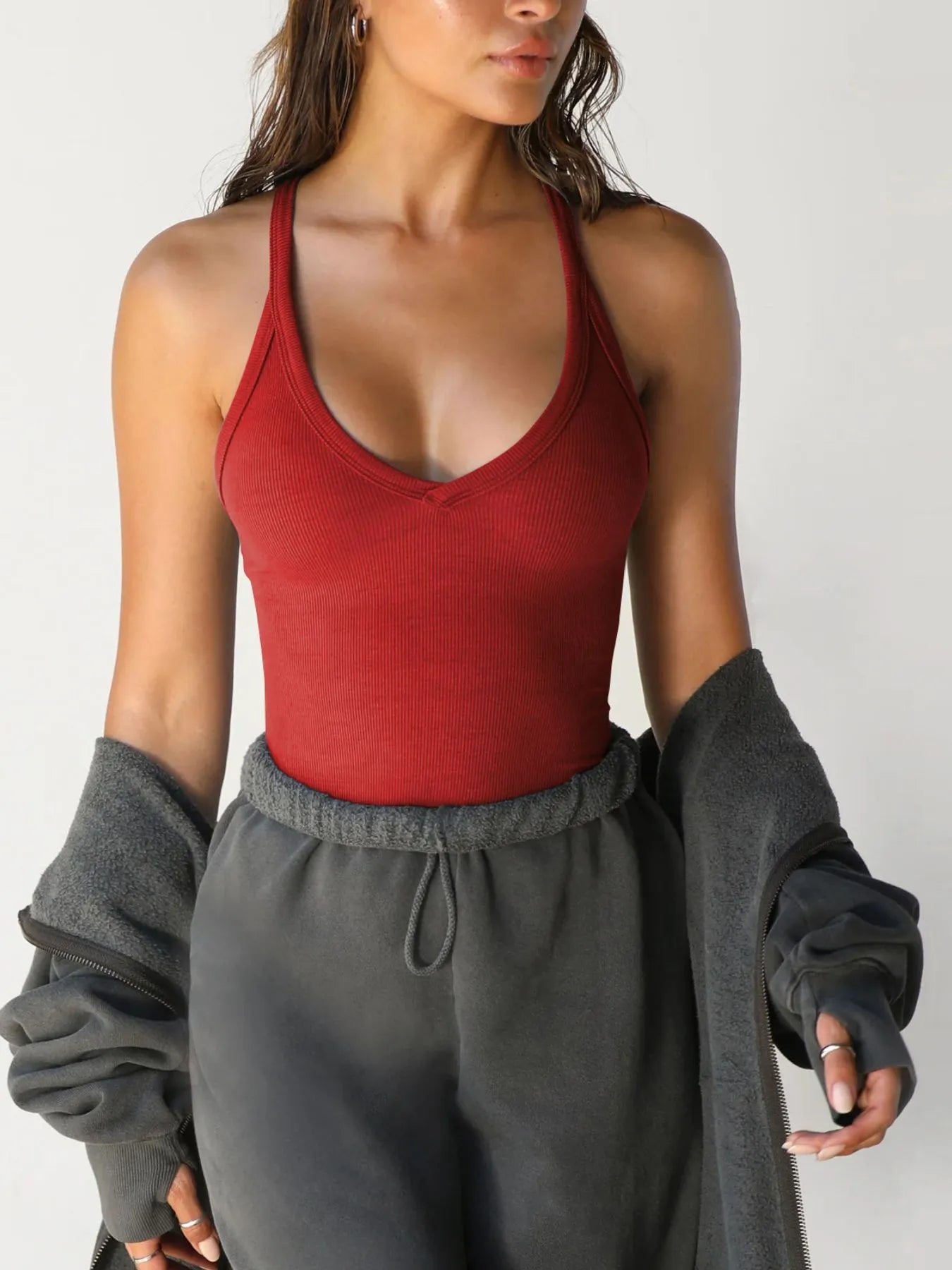 Ribbed V-Neck Halter Tank Top 