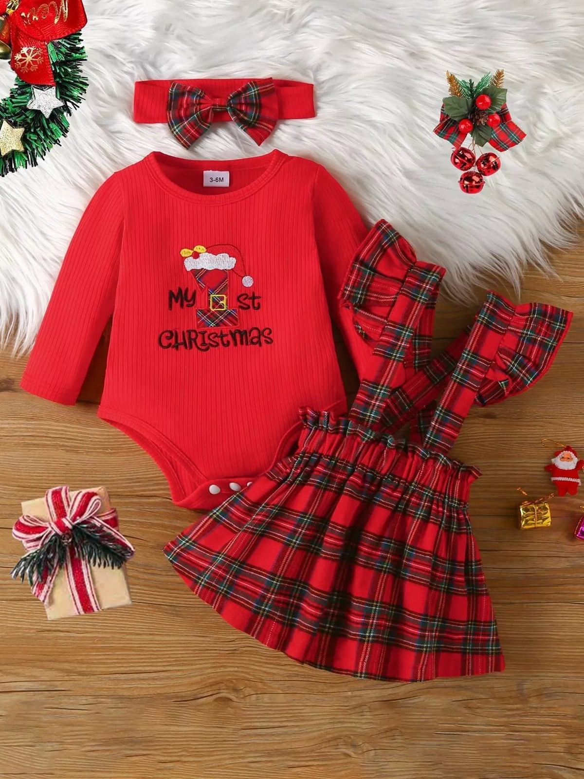 Children's First Christmas Bodysuit and Plaid Dress Outfit Set with Headband 